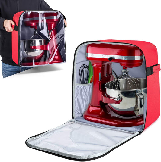 Luxja Dust Cover Compatible with 6-8 Quart KitchenAid Mixers (with a Bottom Padding Pad), Dust Cover (Clear Front Panel) for Stand Mixers and Extra Accessories, Red (Patented Design)