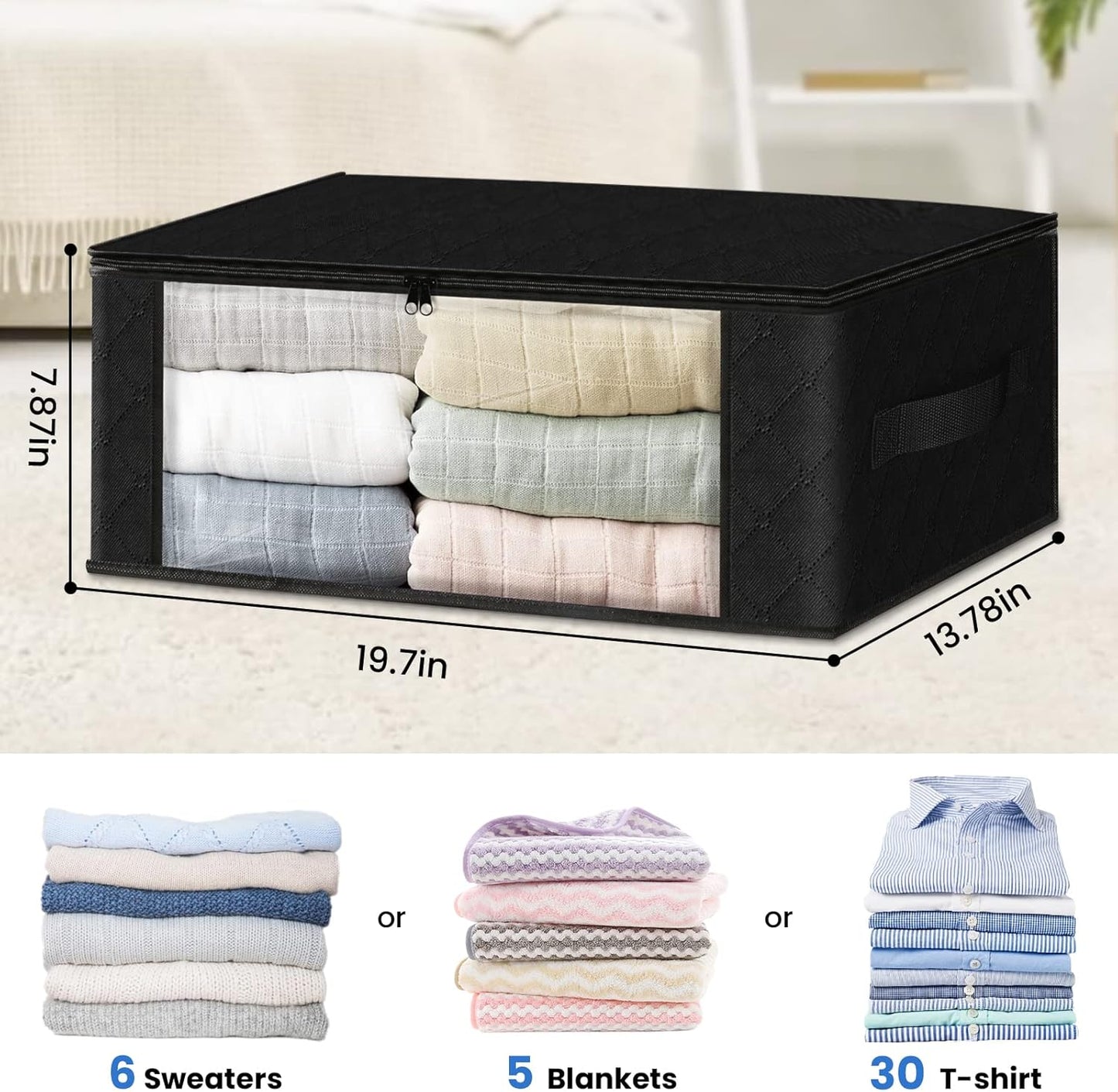 HomeHacks Storage 10-Pack Clothes Organizer Storage Bags Foldable Storage Box with Large Clear Window Sturdy Handles for Closet, Dorm, Pillows, Bedding, Clothes, Blankets, 35L, Black