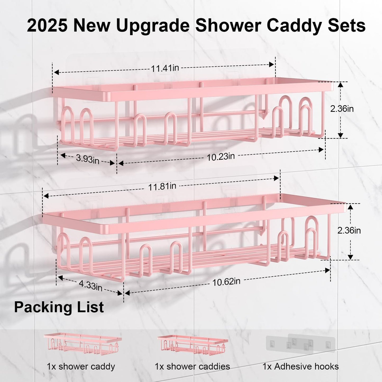 2025 New Adhesive Shower Caddy, Shower Shelves with 16 Hooks, Pink 2 Pack