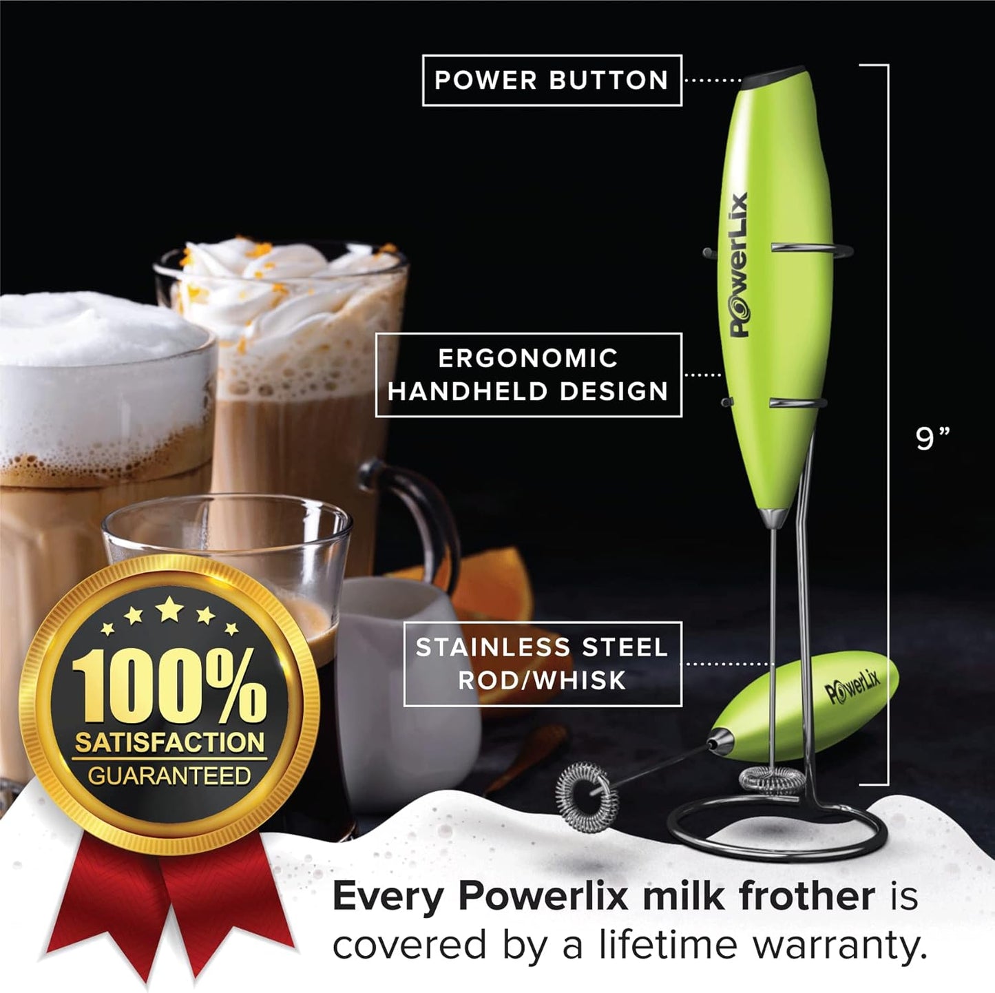 PowerLix Powerful Handheld Milk Frother With Stand Battery Operated Foam Maker Frother Wand For Coffee (A Black) (Green)