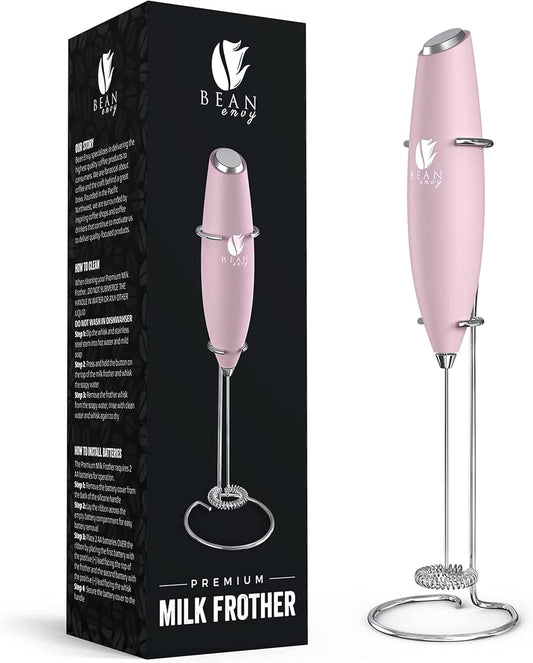Bean Envy Milk Frother, Coffee Stirrers, Frother Wand, Milk Frother Handheld, Frother with stand, Hand Blender for Coffee, Lattes, Cappuccino, Matcha and Hot Chocolate – Kitchen Gifts - Pink
