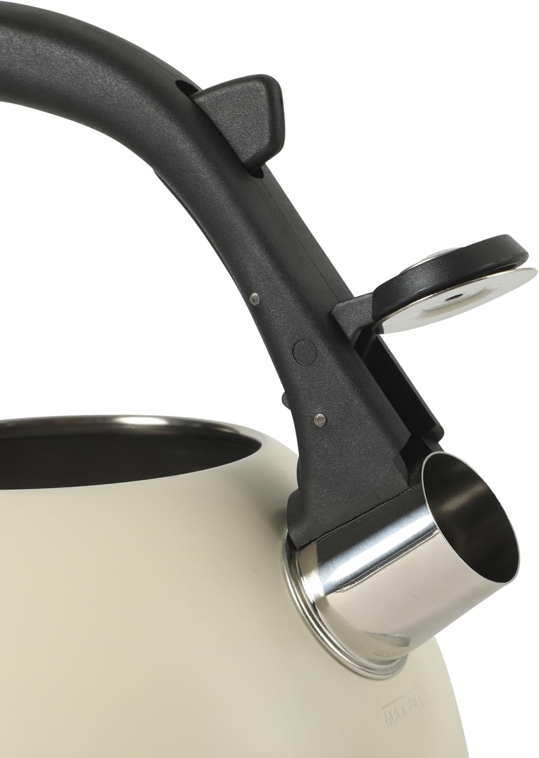 Mr. Coffee Clarefield 2.4 Qt Whistling Tea Kettle – Linen White Stovetop Water Kettle with Lid, Heat-Resistant Nylon Handle and Knob, Stainless Steel Trim