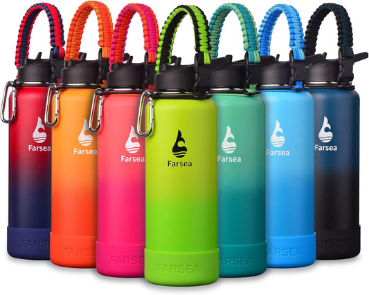 Farsea Insulated Water Bottle With Paracord Handle, Protective Silicone Boot and 2 Lids (Straw Lid & Spout Lid), Stainless Steel Water Bottle Wide Mouth, Double Wall Sweat-Proof BPA-Free, 40 oz