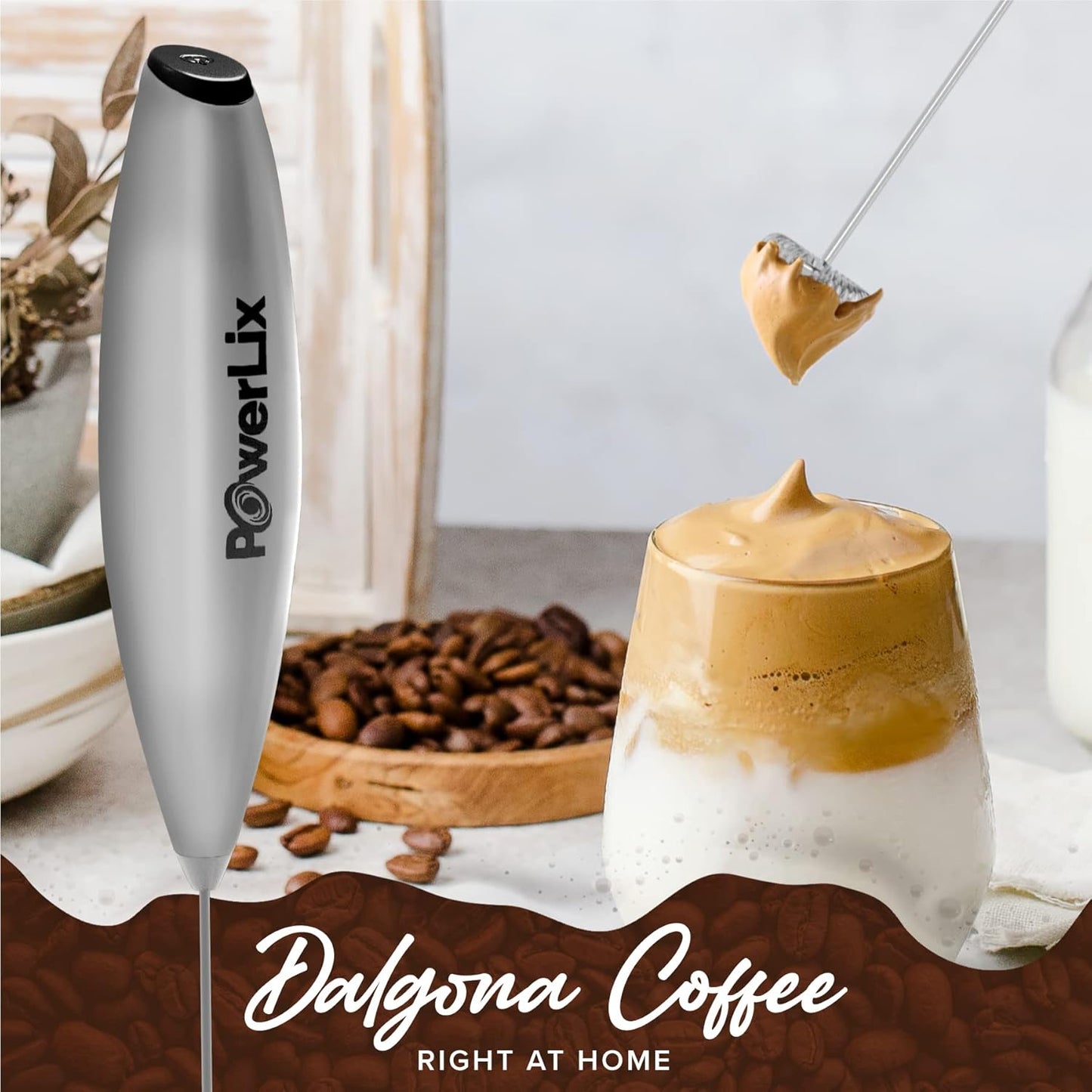 PowerLix Powerful Handheld Milk Frother With Stand Battery Operated Foam Maker Frother Wand For Coffee (A Black) (No Stand Silver)