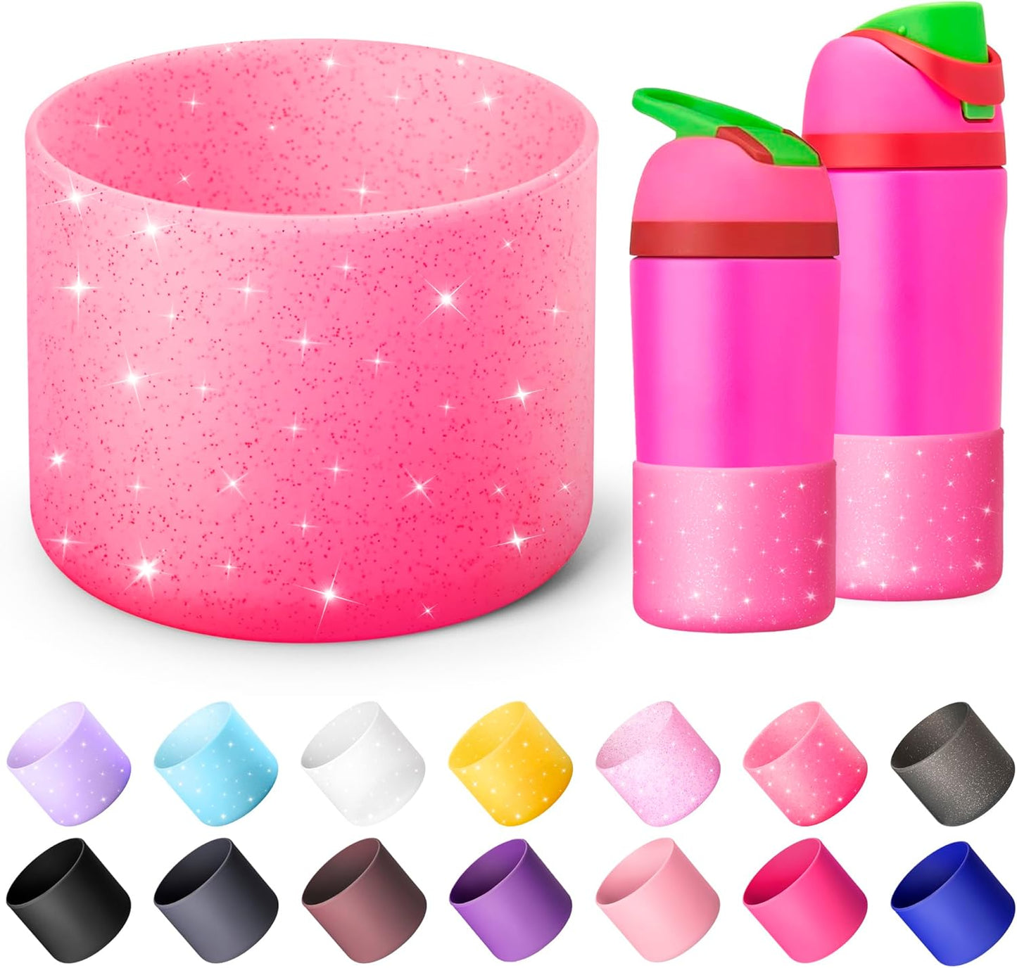 Silicone Water Bottle Boot for Owala 14/16oz, Anti-Slip Protective Sleeve Bottom Bumper Protector for Owala Kids 12 oz Tumbler, Flip 14 oz and FreeSip 16 oz Water Bottle (Glitter Rose Red)