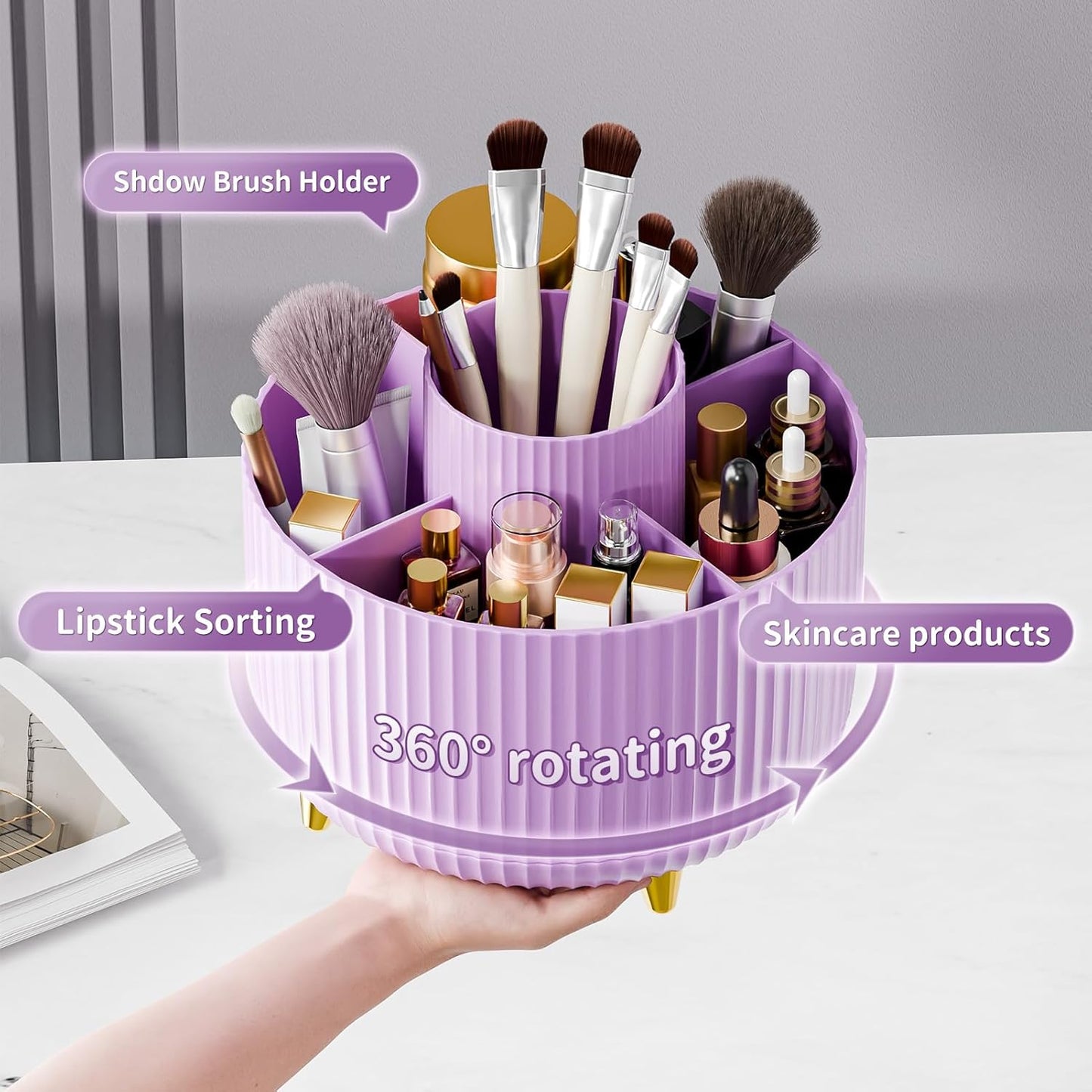 360° Rotate Makeup Brush Holder Organizer, Makeup Organizers Countertop, Makeup organization and Skincare Storage for Vanity, Desktop, Bathroom (Purple)