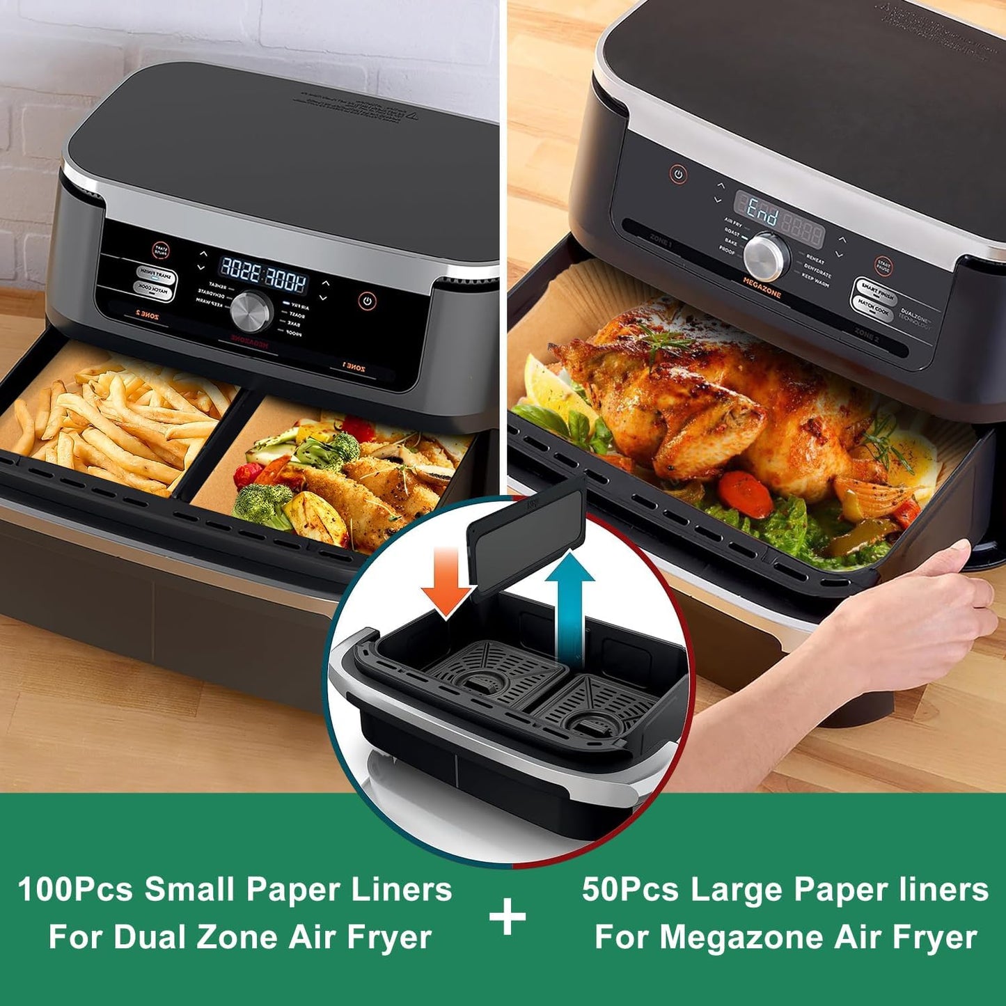 Vailnd Air Fryer Liners Disposable for Ninja DZ071 Foodi 7-QT/Instant Pot VersaZone 9QT/Topzee 11-QT Air Fryer, 100PCS Small Parchment Paper for Divider Basket & 50PCS Large Paper Liners for MegaZone