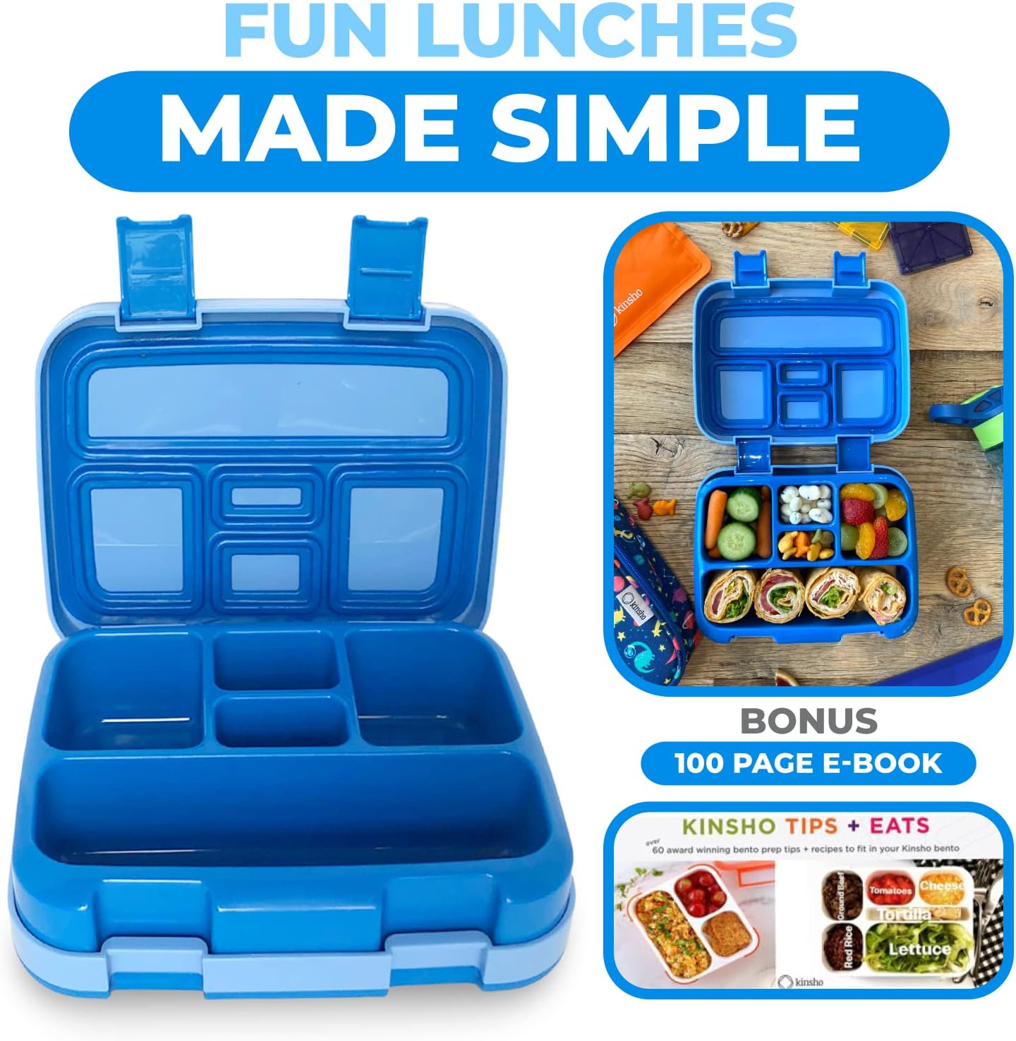 kinsho Bento Lunch Box for Kids Toddlers Boys, 5 Portion Sections Secure Lid, Microwave Safe BPA Free Removable Tray, Pre-School Kid Daycare Lunches Snack Container Ages 3 to 5, Blue