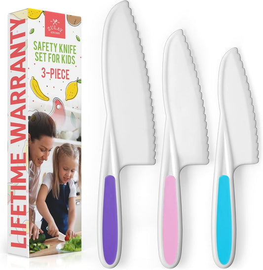 Zulay Kitchen 3-Piece Kids Knife Set for Real Cooking & Baking - Toddler Knives for Cutting Fruits, Veggies, & Cake - Children’s Montessori Knive with Serrated Edges - Safe & Fun Lettuce Knife (Multi)