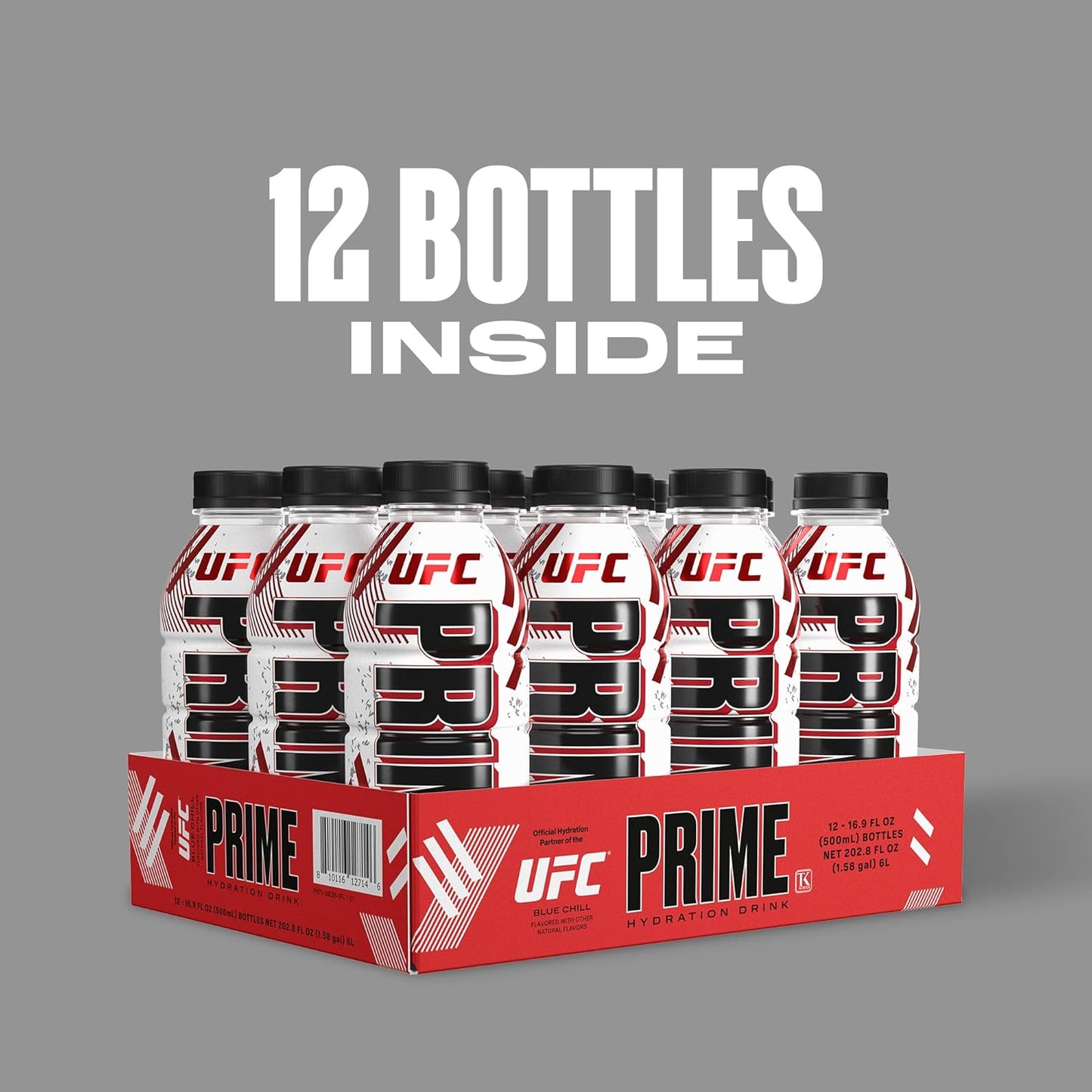 PRIME Hydration UFC, Sports Drinks, Electrolyte Enhanced for Ultimate Hydration, 250mg BCAAs, B Vitamins, Antioxidants, Low Sugar, 16.9 Fl Oz, 12 Pack