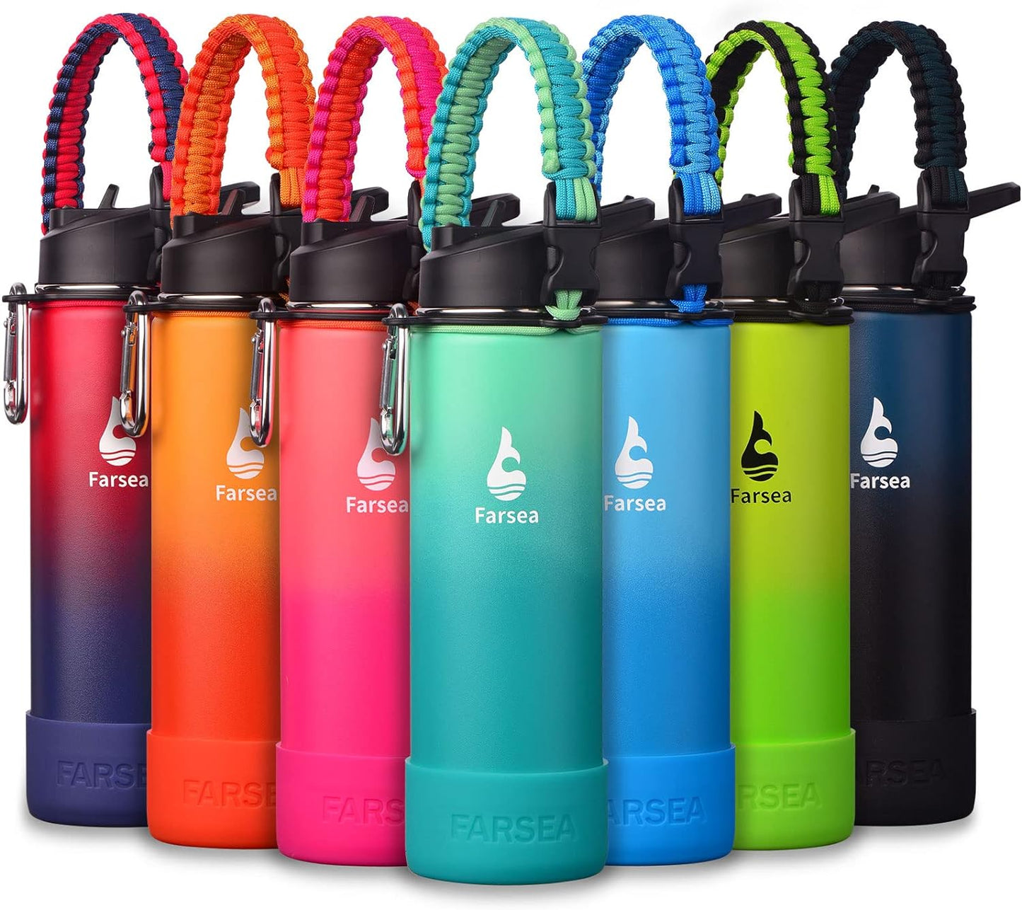 Farsea Insulated Water Bottle With Paracord Handle, Protective Silicone Boot and 2 Lids (Straw Lid & Spout Lid), Stainless Steel Water Bottle Wide Mouth, Double Wall Sweat-Proof BPA-Free, 24 oz