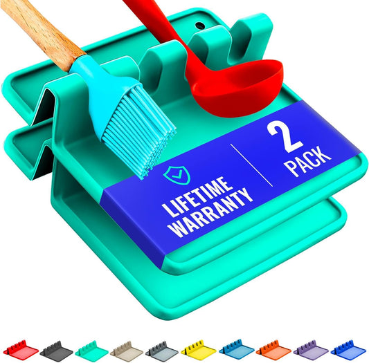 Aqua Green Silicone Spoon Rest for Stove Top with Drip Pad (Two Pack) - Heat-Resistant, BPA-Free Utensil Rest & Spoon Holder for Kitchen Counter - Grill Utensil Holder for Spatulas, Tongs, Ladles