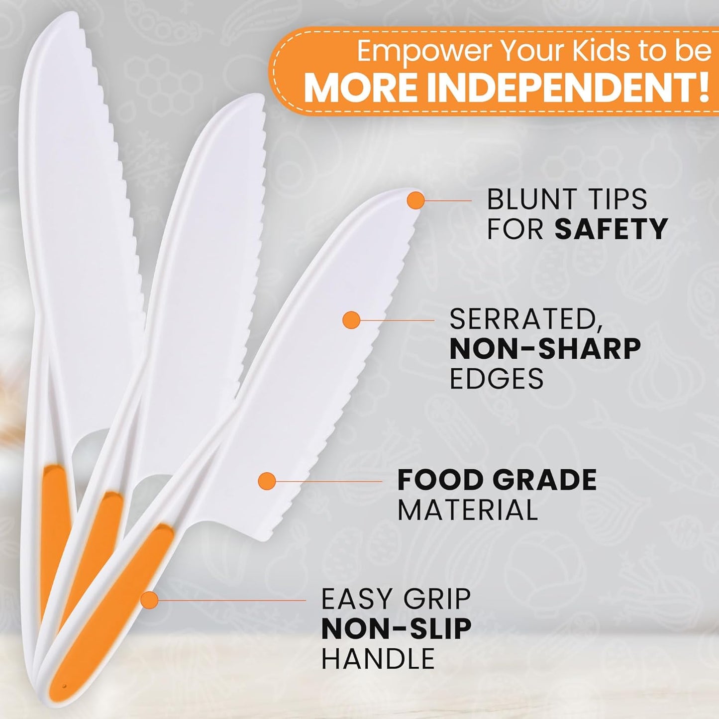 Zulay 3-Piece Kids Knife Set for Real Cooking & Baking - Toddler Knives for Cutting Fruits, Veggies, & Cake - Children’s Montessori Knife with Serrated Edges - Safe & Fun Lettuce Knife (Orange)