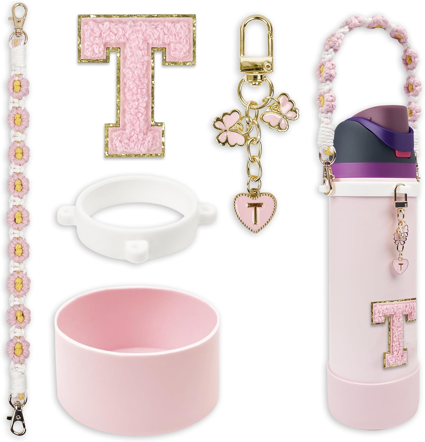 SITKOL Silicone Boot Cute Monogram Set Compatible with Owala Water Bottle 24 oz, 32 oz, 40 oz - Perfect Letter Owala Accessories for Owala Tumbler, Owala Free Sip, Pink Owala, Black Owala