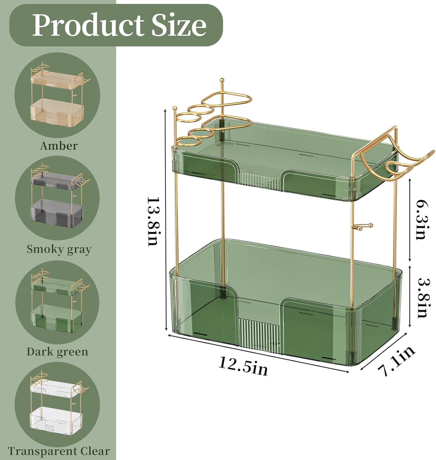 2 Tier Bathroom Counter Organizer with Hair Dryer Holder, Modern Style, Countertop Mount, 2 Shelves, Green