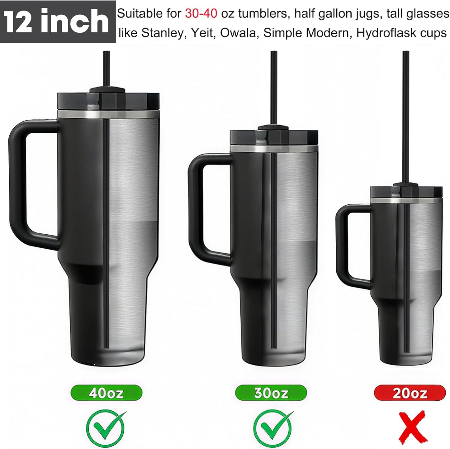 ALINK 100 Pcs Long Disposable Straws for Stanley 40 oz 30 oz Tumbler, 12 inch Black Plastic Straws for Stanley, Owala, Yeti 40 OZ 30 OZ Cup, Individually Wrapped