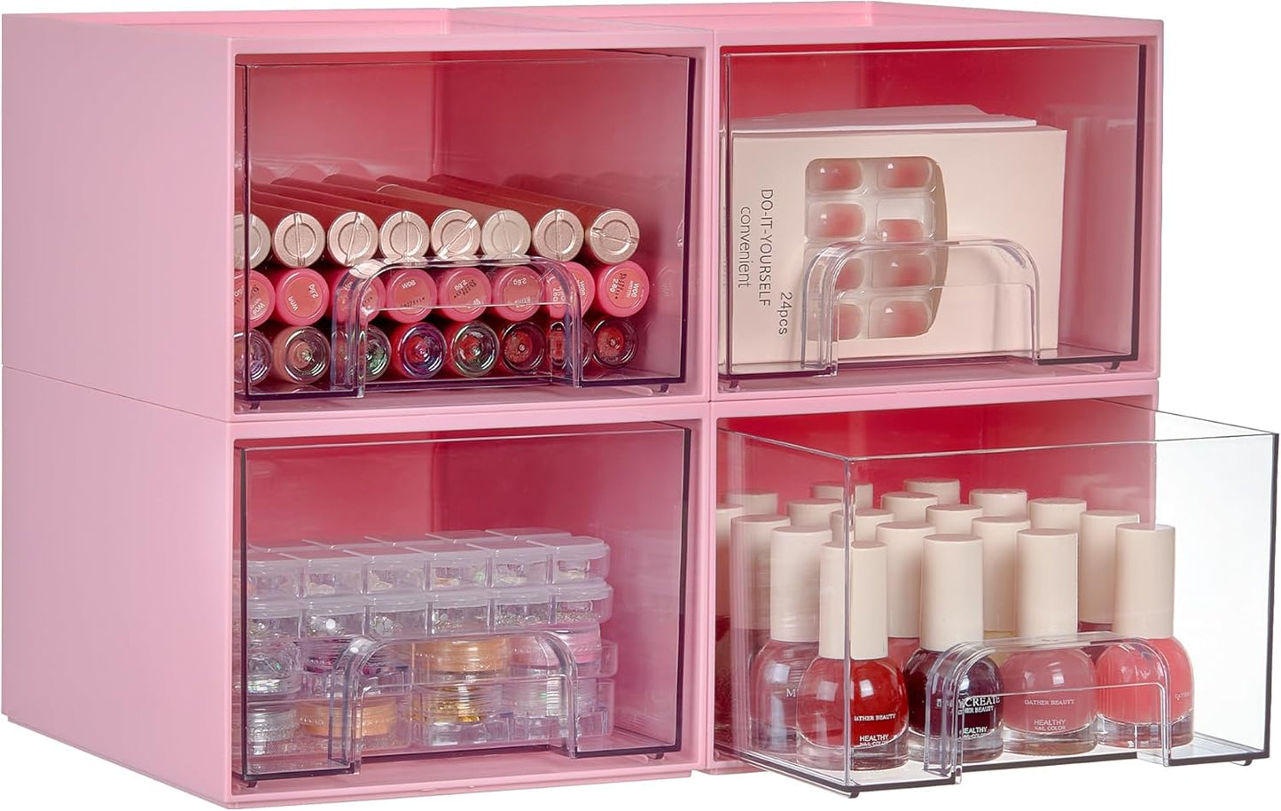 Vtopmart 4Pack Small Stackable Storage Drawers, Bathroom Makeup Organizer,Plastic Storage Bins For Vanity, Undersink, Kitchen Cabinet, Pantry, Home Organization(Pink)