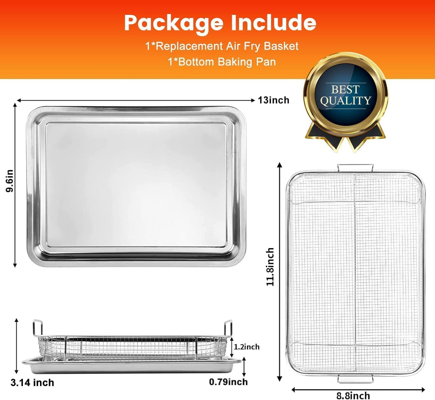 Air Fryer Basket for Oven,2 Pieces 11.8'' * 8.8'' Non-stick Stainless Steel Mesh Grill Basket Air Fryer Baking Tray Accessories Rack Roasting Basket for Convection Oven with Air Fryer, Dishwasher Safe