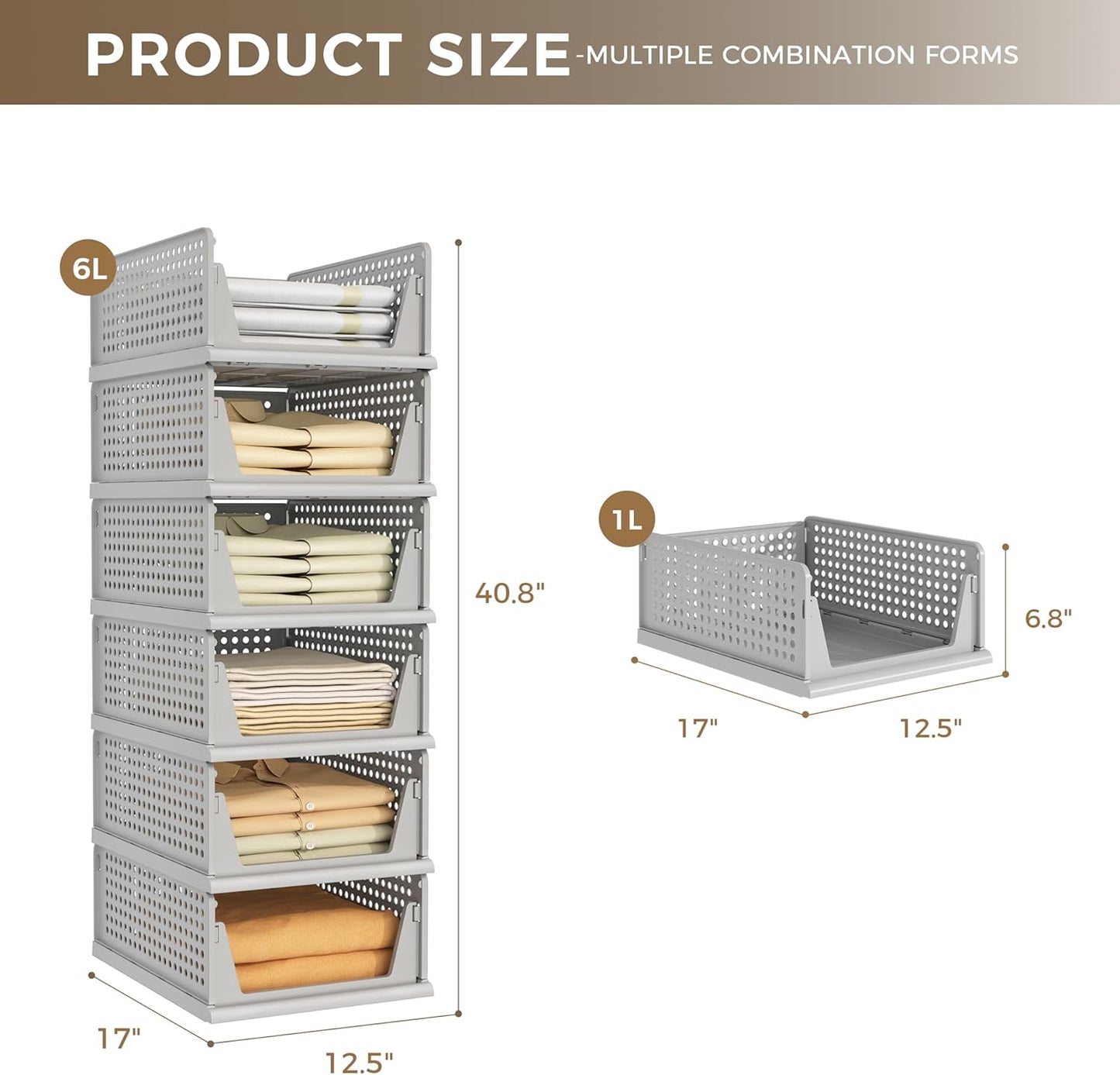 Pinkpum 6 Pack Closet Organizers Storage Box, Stackable Plastic Drawer Basket for Clothing, Stackable Storage Bins Shelf Storage Container for Closet Wardrobe Bedroom Bathroom Office Grey