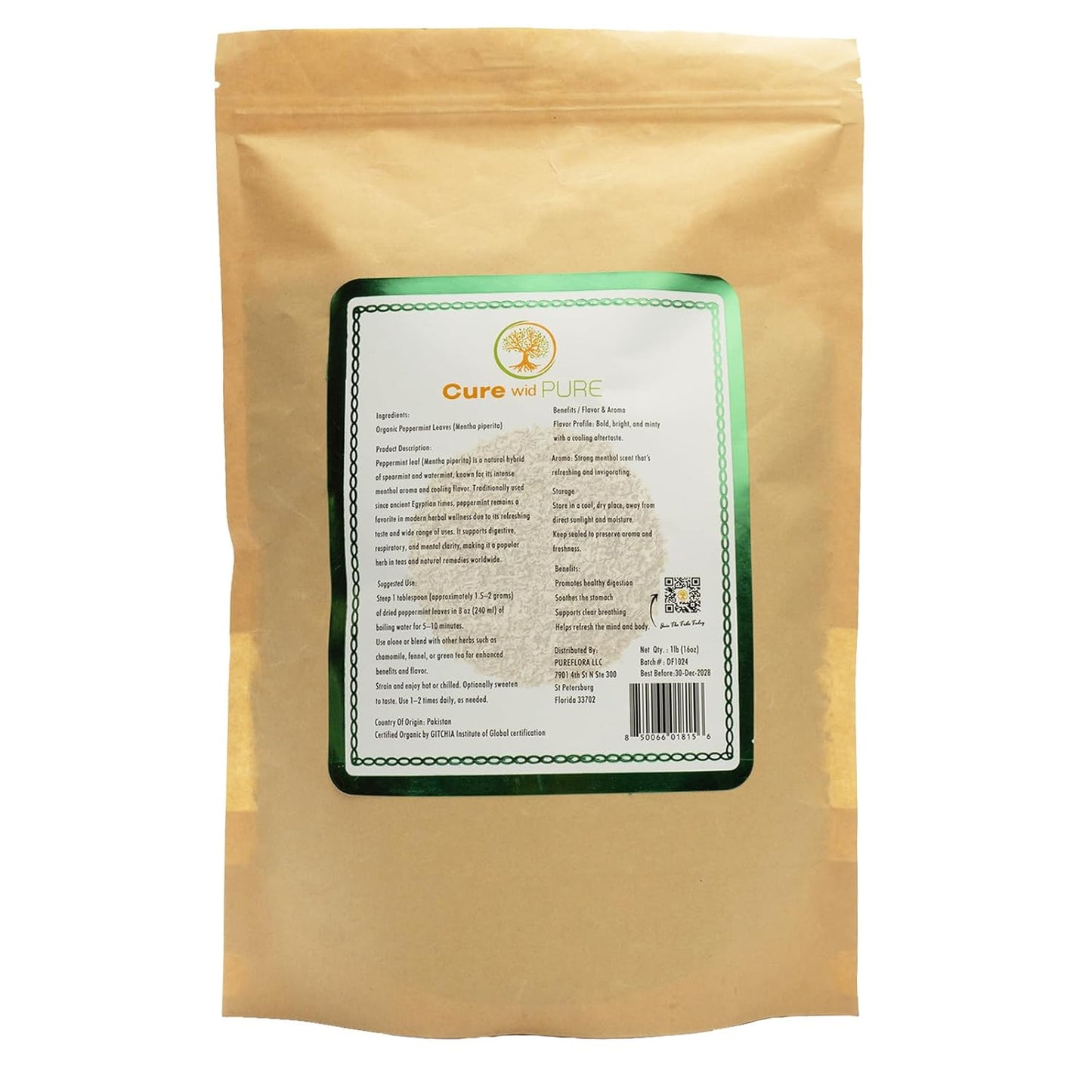 Cure Wid Pure Dried Peppermint Leaves 1lb Cut & Sifted Organic Peppermint Tea Loose Leaves,Fresh & Fragrant Mint Tea Non-Irradiated Caffeine-Free Herbal Tea - Eco-Friendly Resealable Pack te de menta