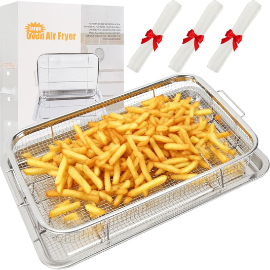 Large Air Fryer Basket for Oven 18.7" x 12.8",Stainless Steel Air Fryer Basket and Tray,Multifunctional Use,Non Stick,With 100 PCS Parchment Papers