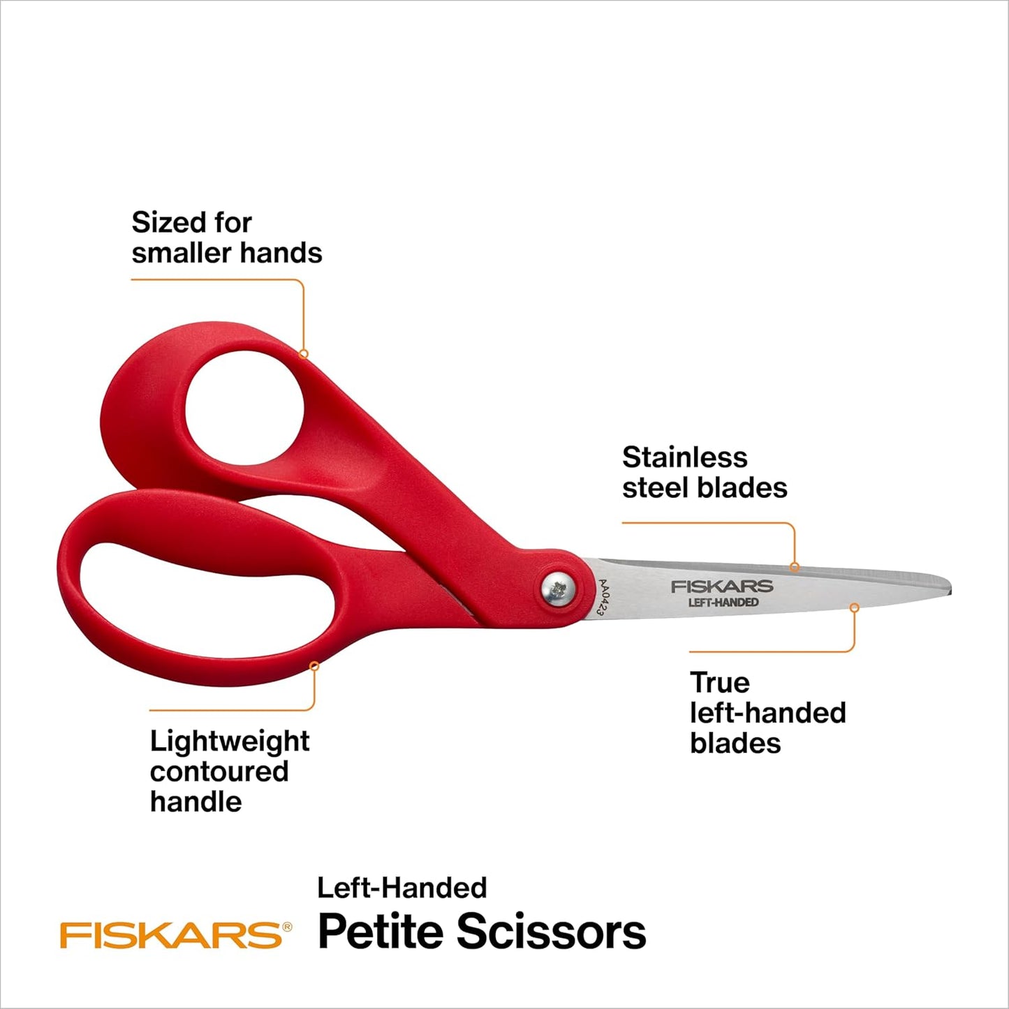 Fiskars Petite Left Handed Scissors, Crafting and Sewing Stainless Steel Scissors for Smaller Hands, Ergonomic Handle, Paper and Fabric Supplies for Office, Arts, and Crafts, Red
