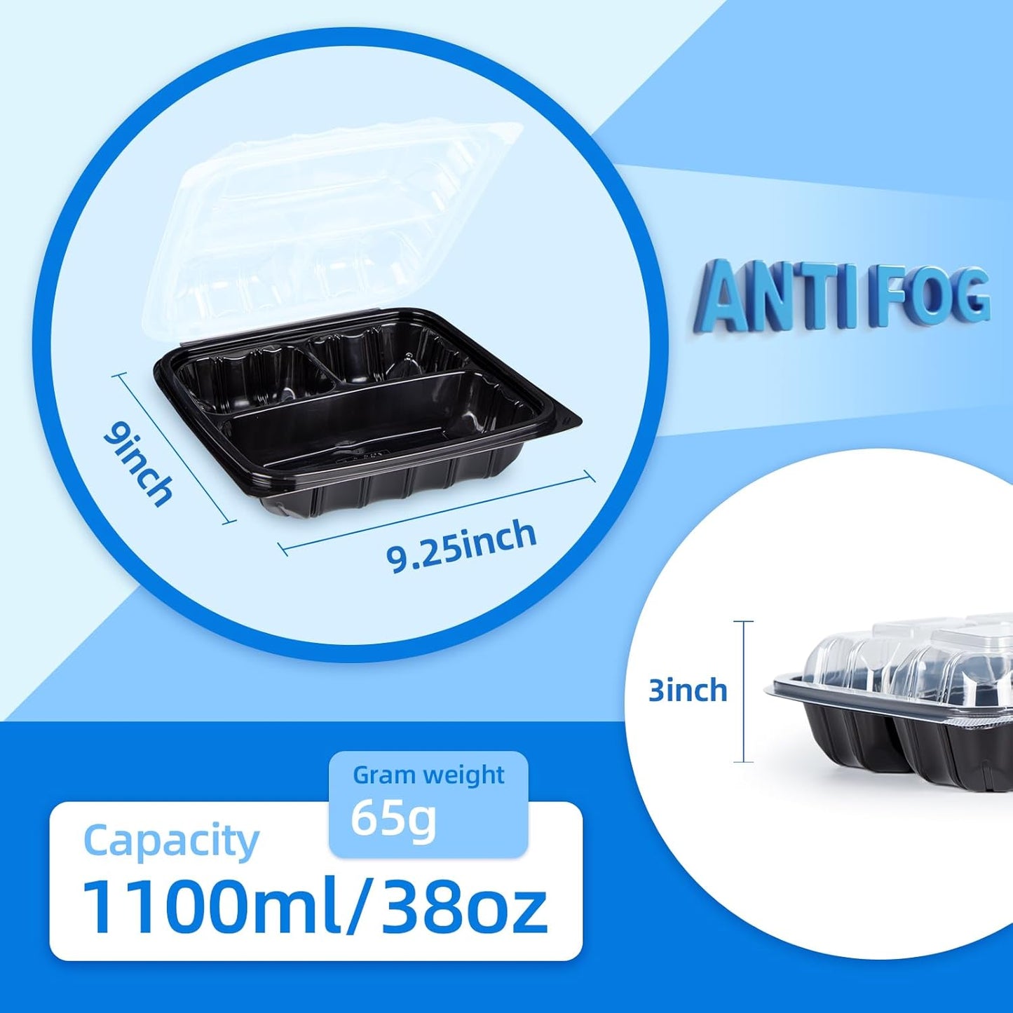 YANGRUI Food Containers 9.5" 38 oz 45 Pack - Anti Fog Lid Shrink Wrap Commercial PP BPA Free Takeout Box | Reusable & Disposable, Freezer & Microwave Safe | Restaurant 3 Compartment Plastic Container