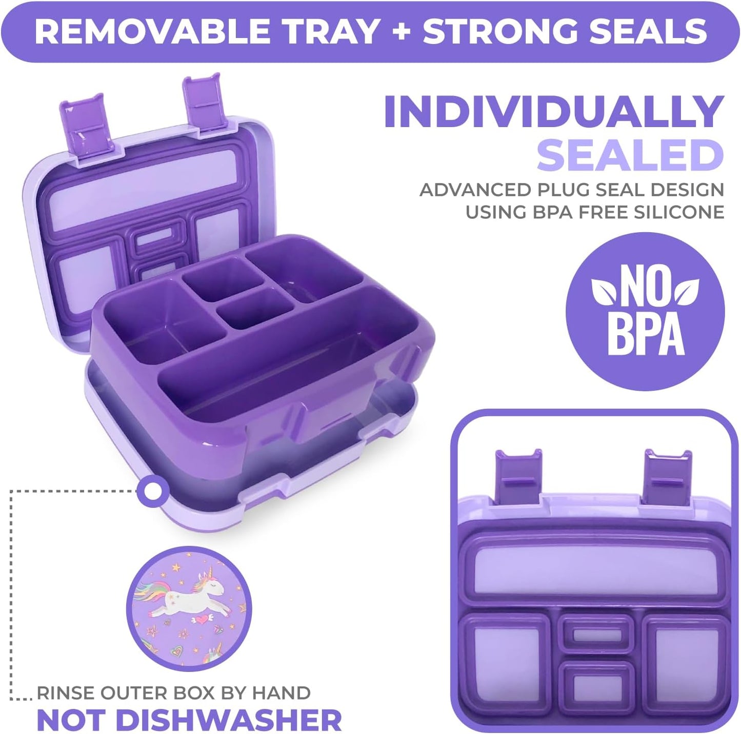 Bento Box Lunch Boxes for Toddlers Kids Girls, 5 Portion Sections Secure Lid, BPA Free Removable Tray, Pre-School Kid Daycare Lunches Snack Container Ages 3 to 5, Loncheras Para Niñas, Purple Unicorn