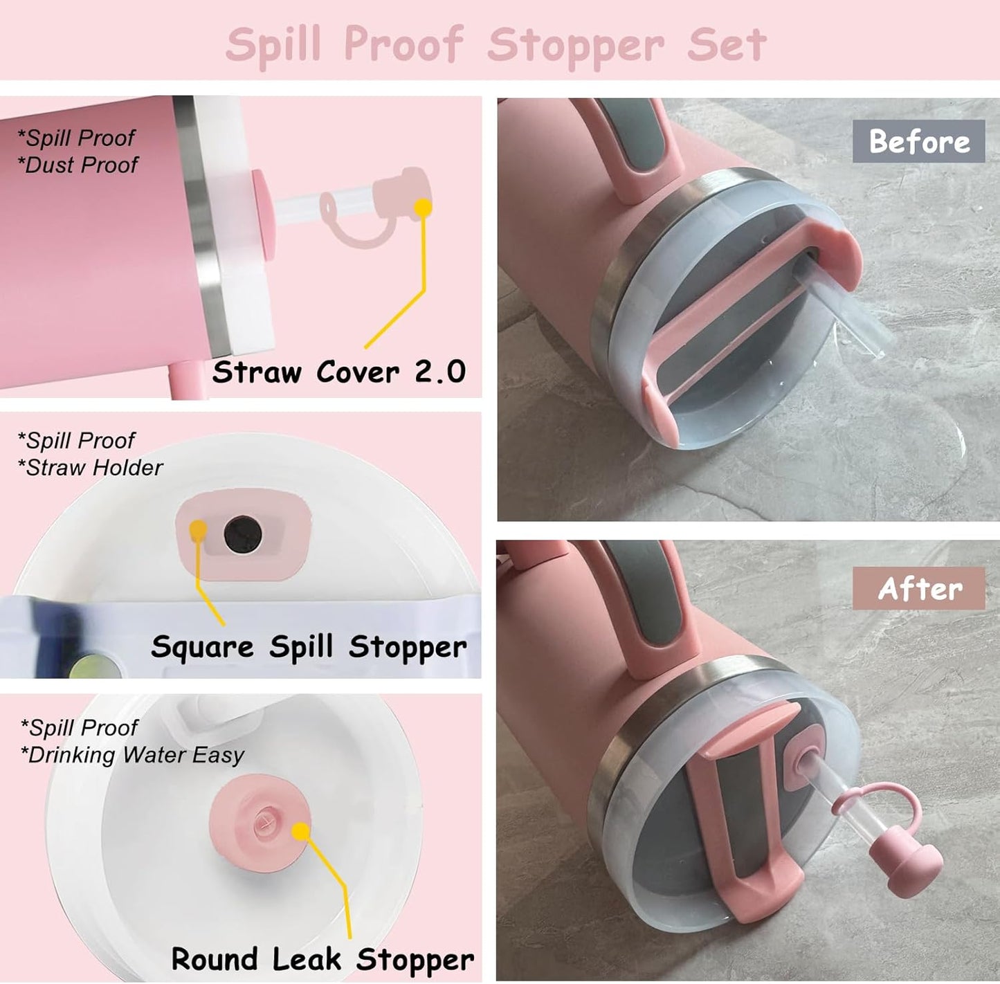 Stanley Cup Accessories Set,Including 2 Pcs 0.4in Straw Cover, 1 Silicone Spill-Proof Stopper Set of 3, 1 Cute Flowers Handle Charm, 1 Silicone Boot Fits Stanley 40&30 Oz Tumbler (Pink 2.0)