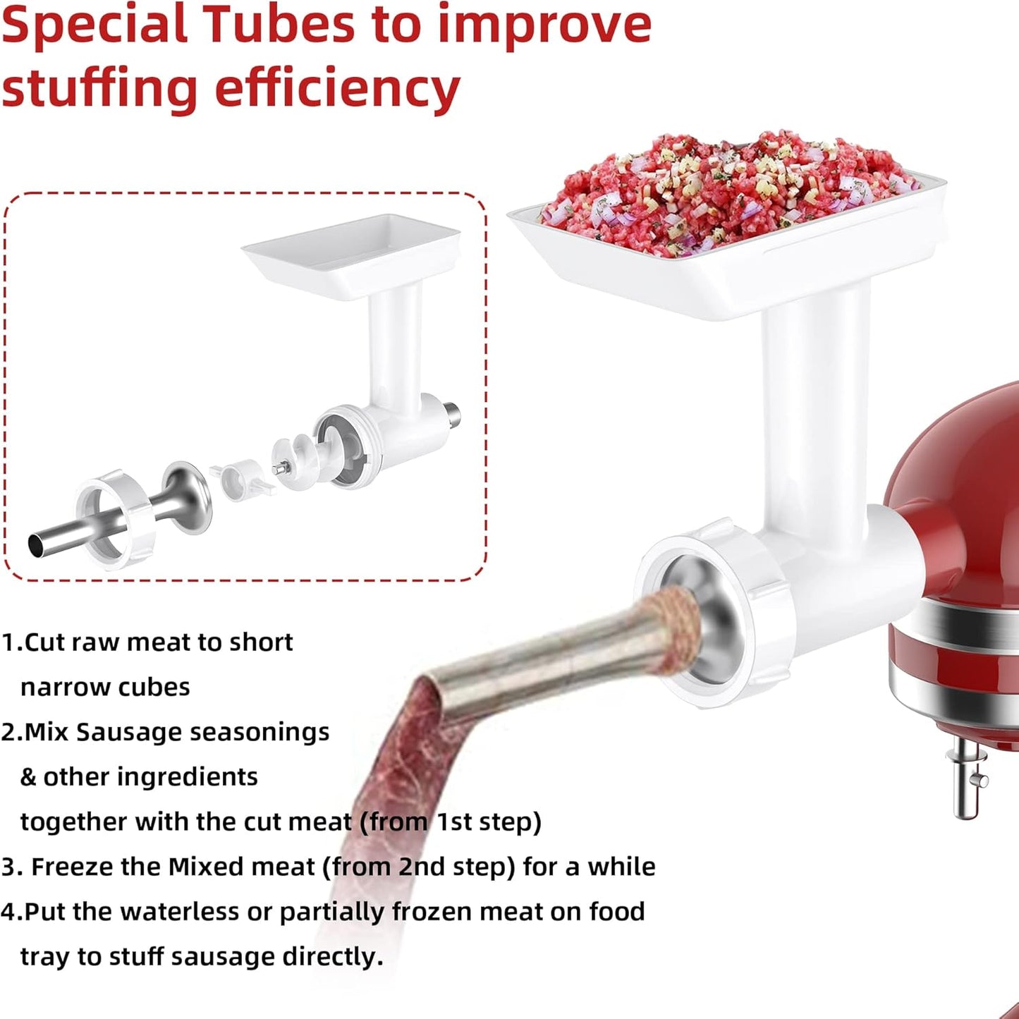 InnoMoon Sausage Stuffer Kit for KitchenAid plastic FGA Food Grinder Attachment, For Kitchen Aid Sausage Attachment, 3 Stainless Steel Stuffing Tubes Plus 1 Retainer Ring