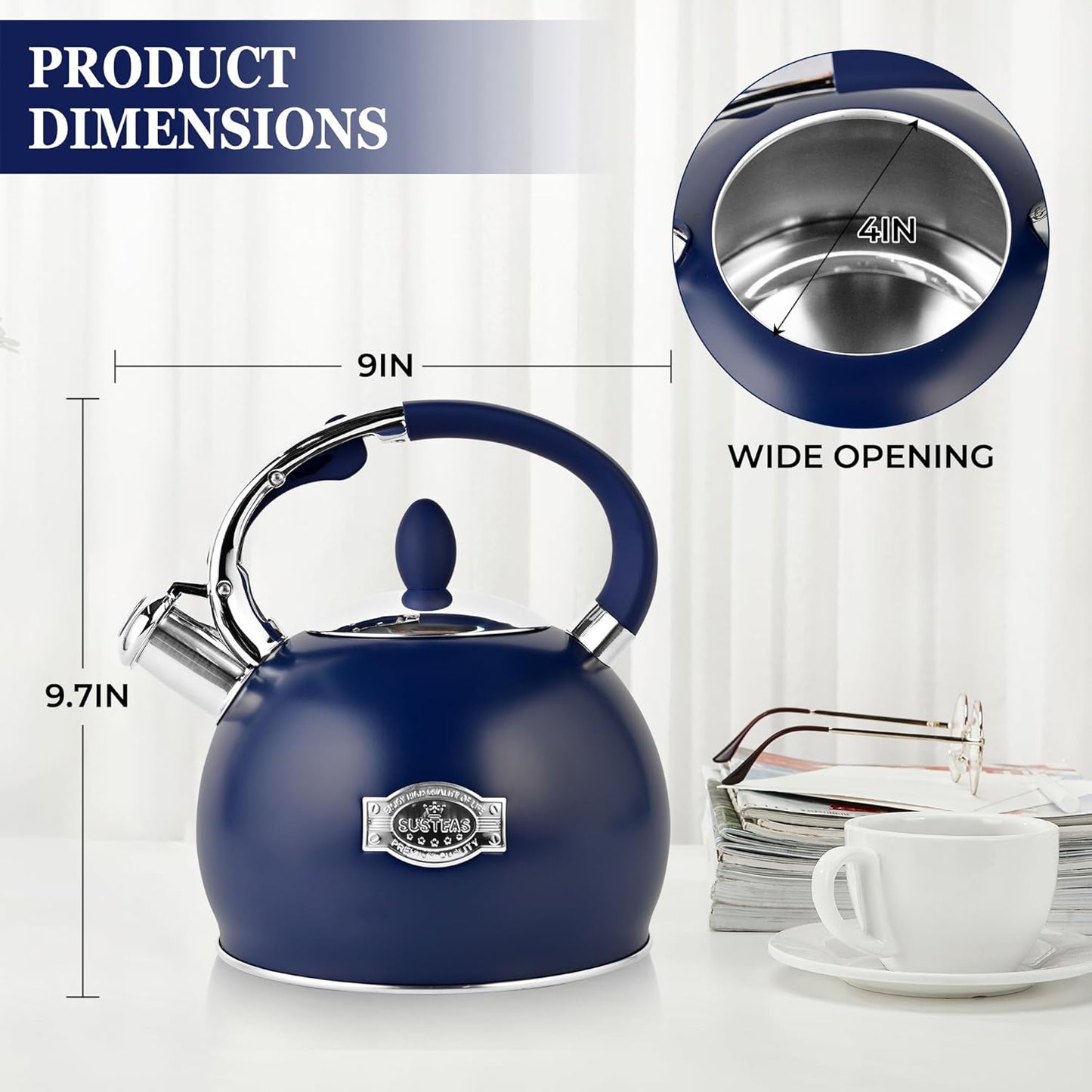 SUSTEAS Stove Top Whistling Tea Kettle - Food Grade Stainless Steel Teakettle Teapot with Cool Touch Ergonomic Handle, With 1 Silicone Pinch Mitt Included, 2.64 Quart,NAVY BLUE