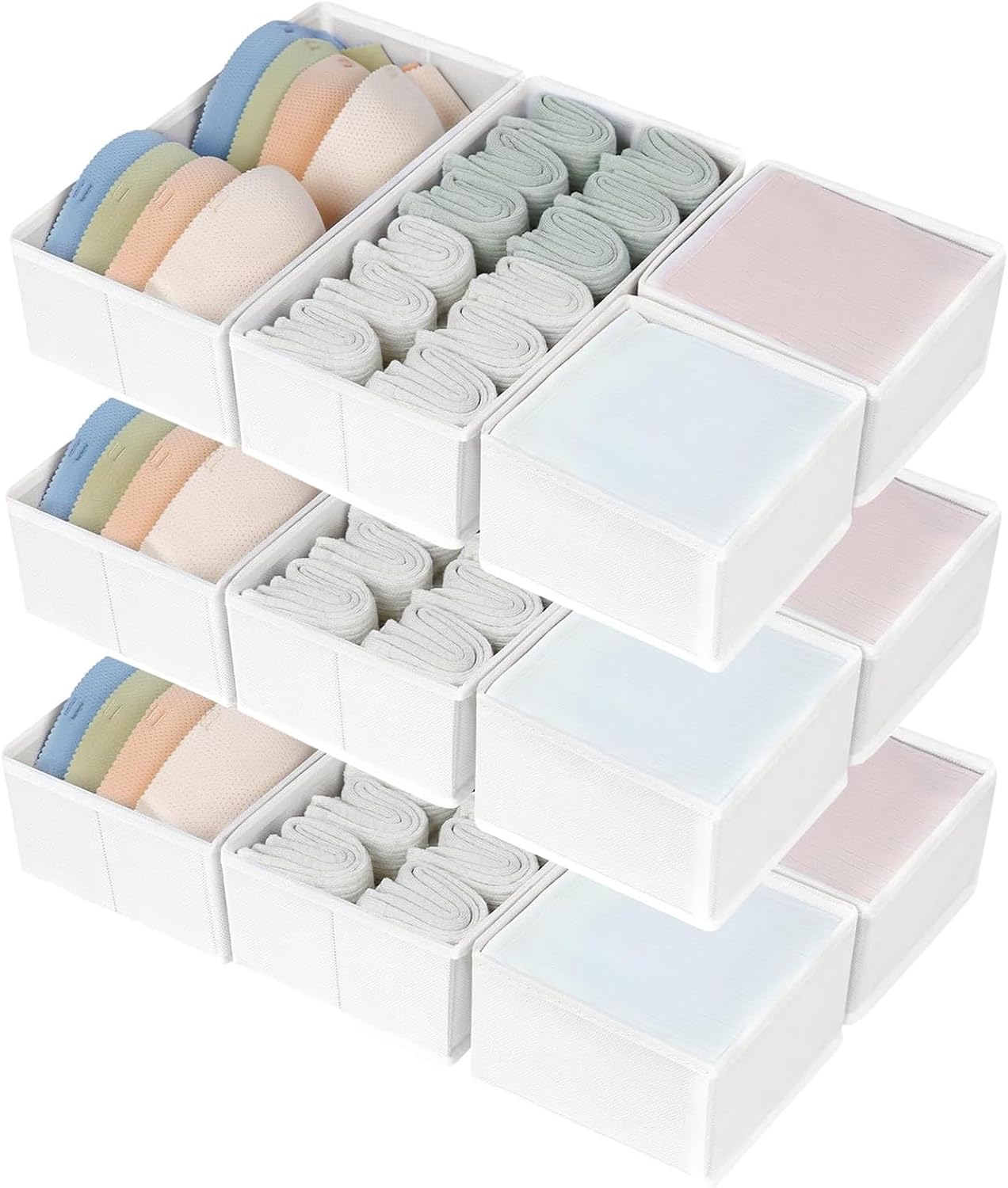 DIMJ Drawer Organizers Clothes, Set of 12 Dresser Organizer Bins, Fabric Closet Organizers and Storage, Shallow Drawer Dividers for Nursery, Clothing, Baby Clothes, Socks, Underwears, Tie (White)