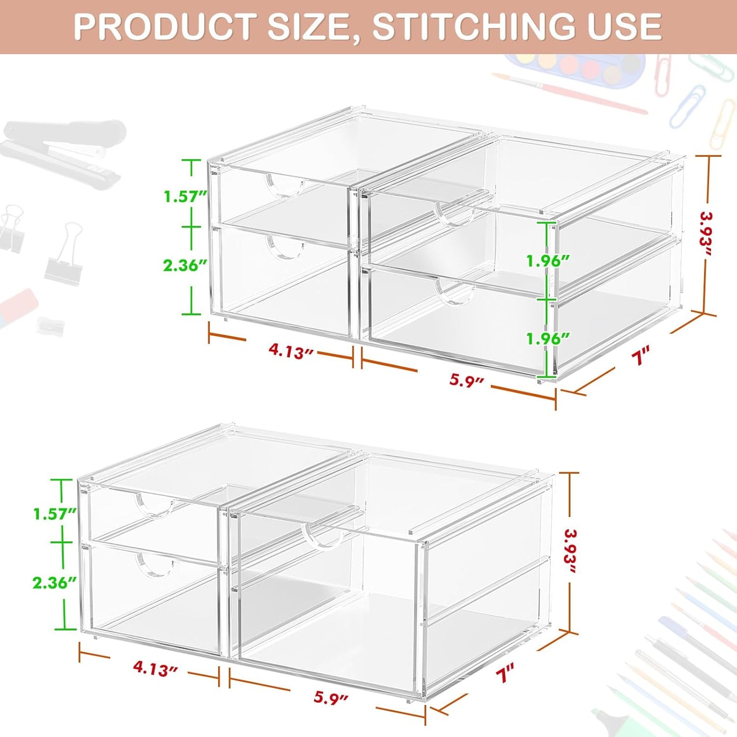 2 Pack Desk Organizers, Makeup Organizer Storage With 7 Drawers, Desktop Office Supplies, Clear Desk Accessories, Dustproof Drawer Organizer and Storage for Make Up, Jewelry, Pen