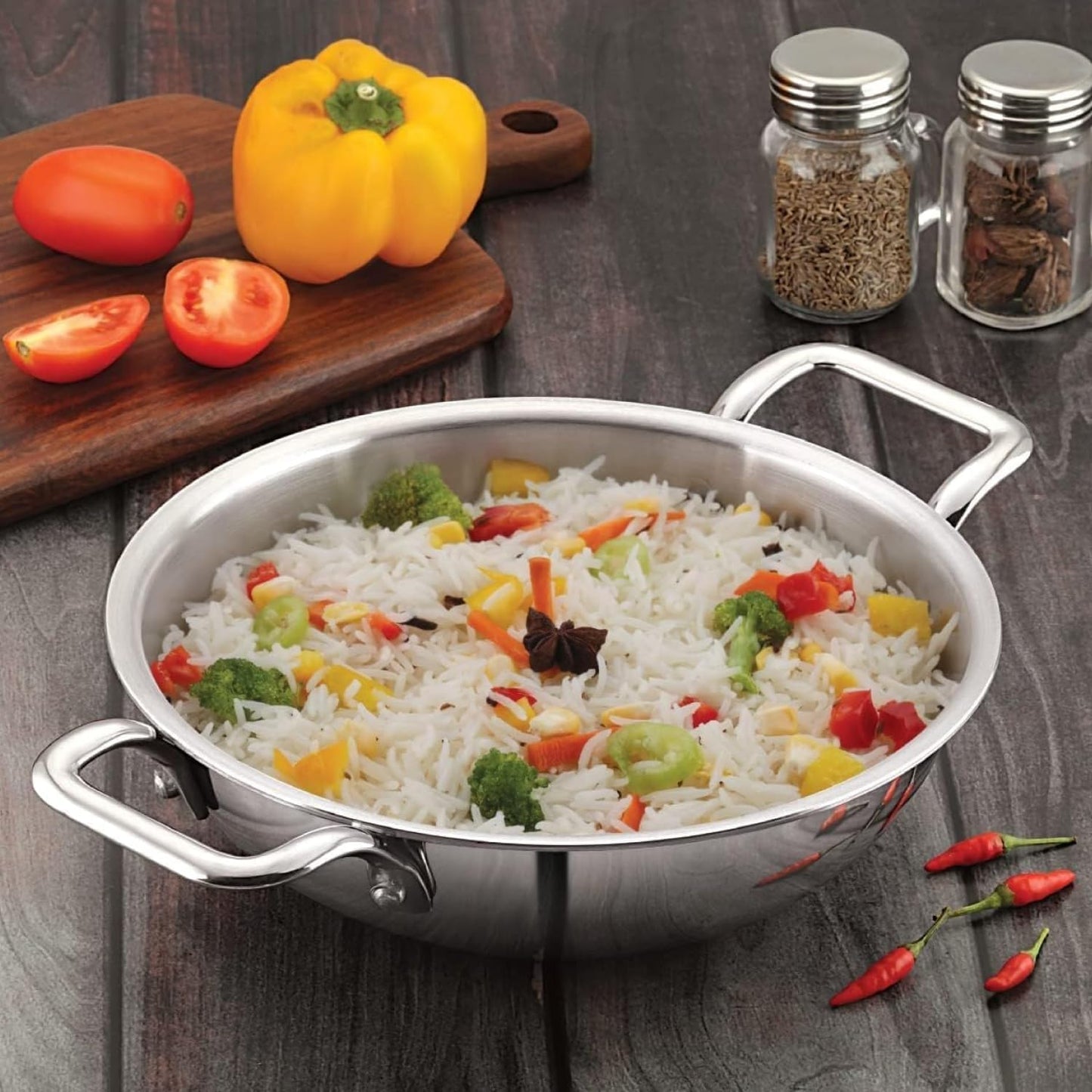 Vinod Platinum Triply Stainless Steel Kadai | Suitable For Indian Cooking, Sauces, Stews, Soups | Extra Deep, Induction, Electric Friendly (22cm)