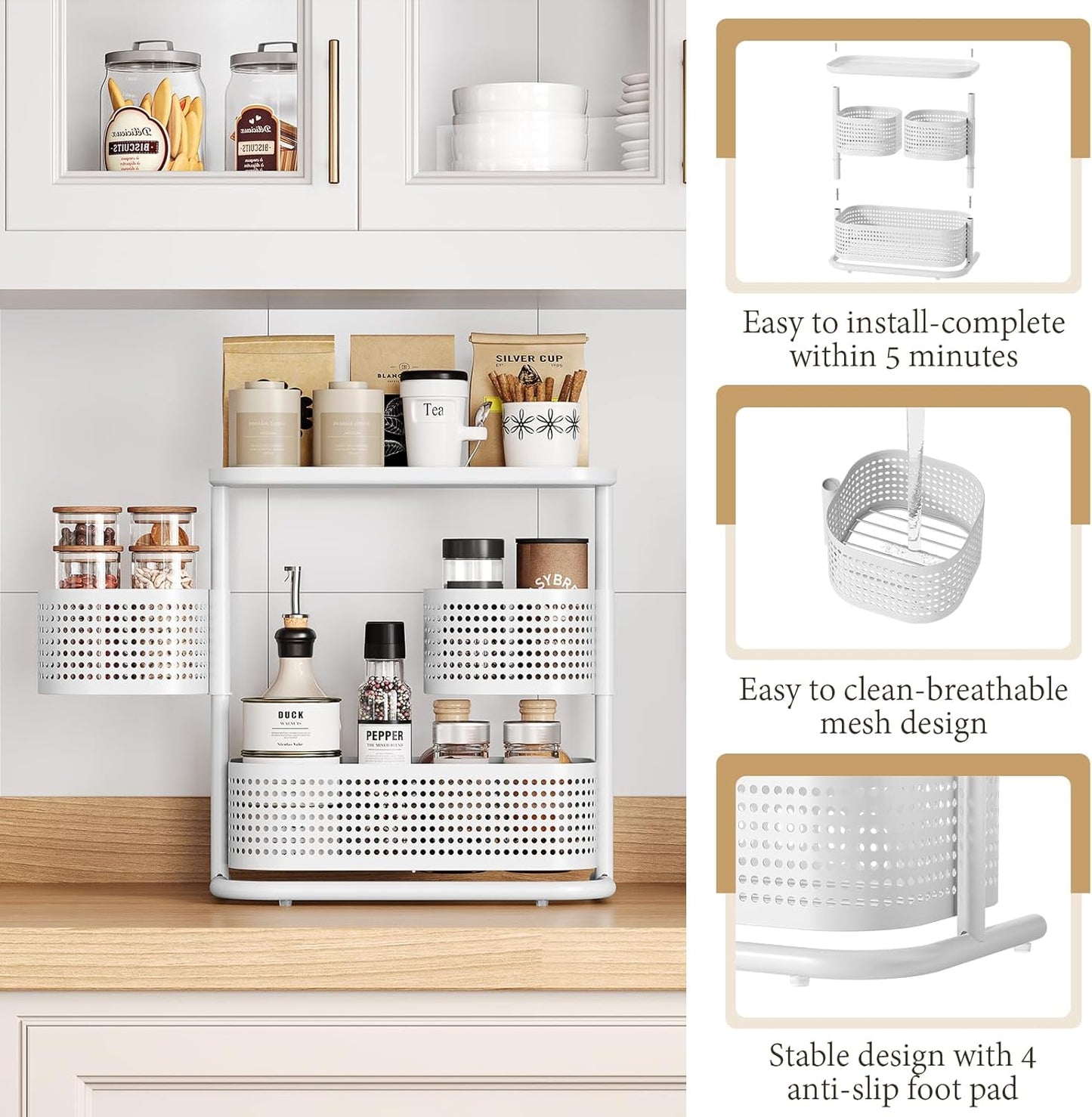 KINGRACK 3-Tier Rotating Bathroom Organizer, Countertop Vanity Tray, Spice Rack Storage, Easy to Assembly Space-Saving Organizer for Bathroom, Kitchen, Laundry Room, White
