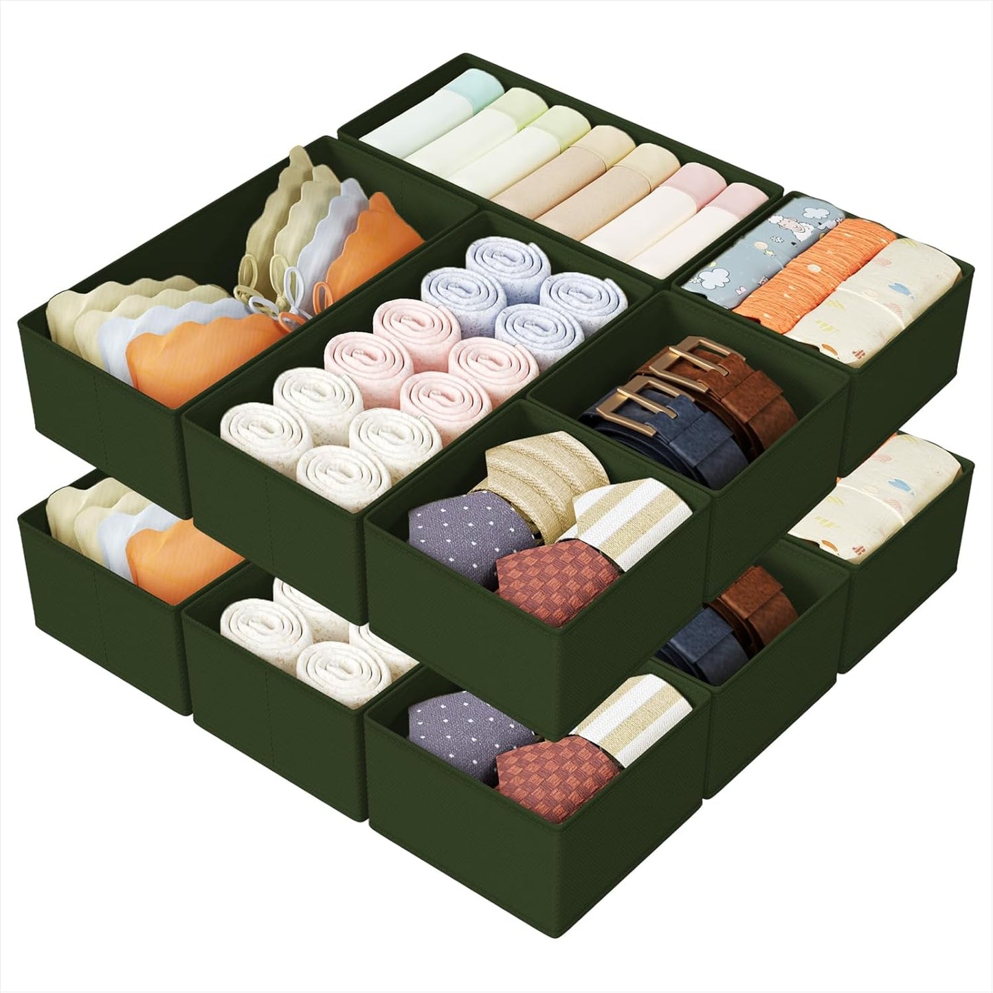 DIMJ Drawer Organizers Clothes, Set of 12 Dresser Organizer Bins, Fabric Closet Organizers and Storage, Shallow Drawer Dividers for Nursery, Clothing, Baby Clothes, Socks, Underwears, Tie (Green)