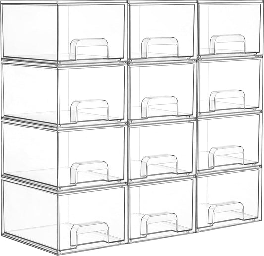 Vtopmart 12 Pack Small Clear Stackable Storage Drawers,Acrylic Bathroom Makeup Organizer,Plastic Storage Bins For Vanity, Undersink, Kitchen Cabinets, Pantry, Home Organization