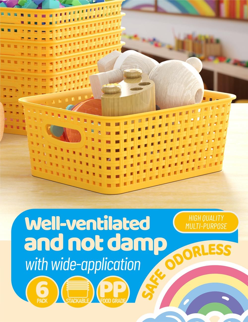 WYT 6-Pack Plastic Small Shelf Storage Weave Baskets Organizing for Cabinets and Pantries, Green