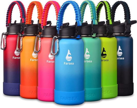 Farsea Insulated Water Bottle With Paracord Handle, Protective Silicone Boot and 2 Lids (Straw Lid & Spout Lid), Stainless Steel Water Bottle Wide Mouth, Double Wall Sweat-Proof BPA-Free, 32 oz