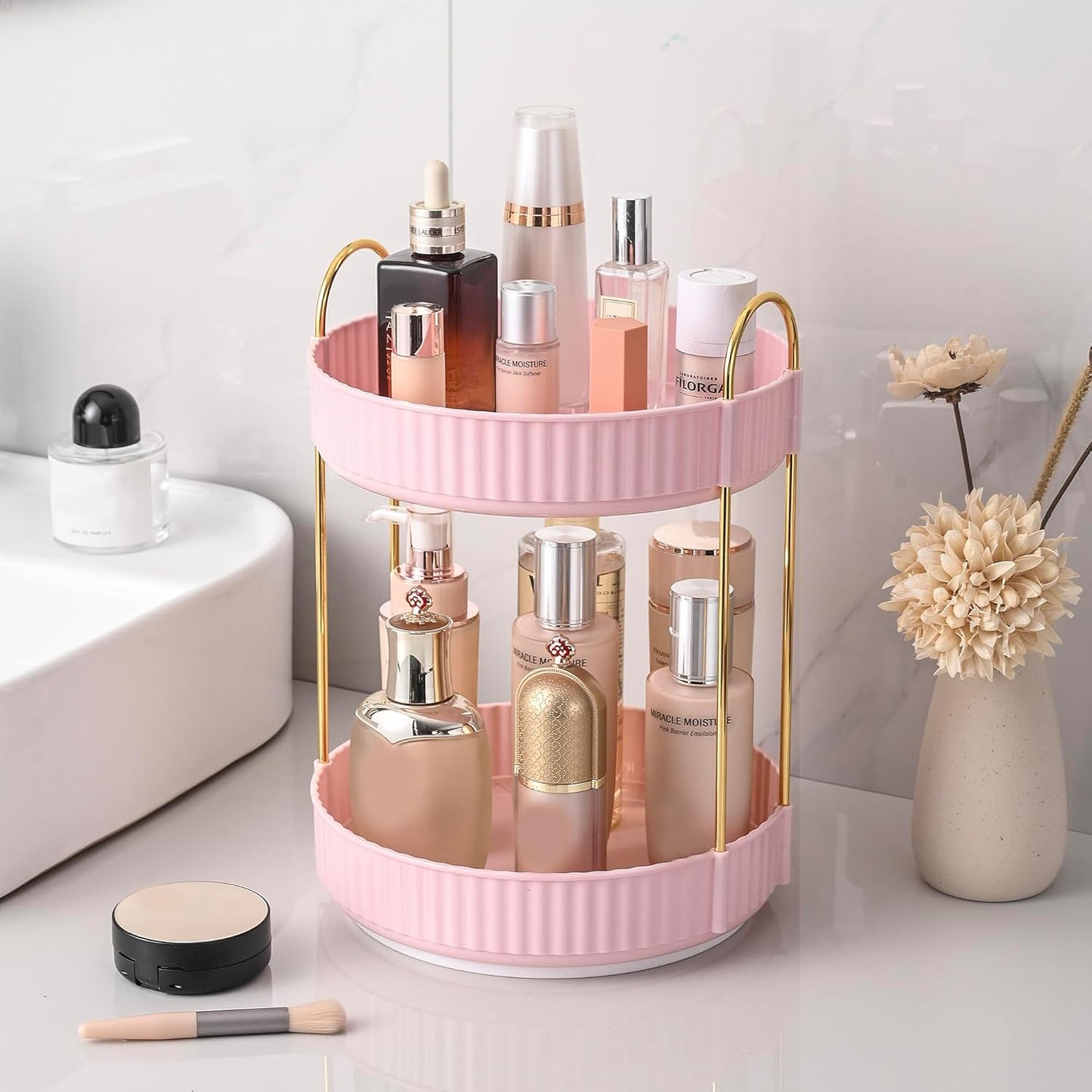 Aveniee 360 Rotating Makeup Organizer for Vanity, Skincare Perfume Organizers, Bathroom Countertop Organizer and Storage, Clear Cosmetics Lipstick Holder for Dresser,2 Tiers, Pink