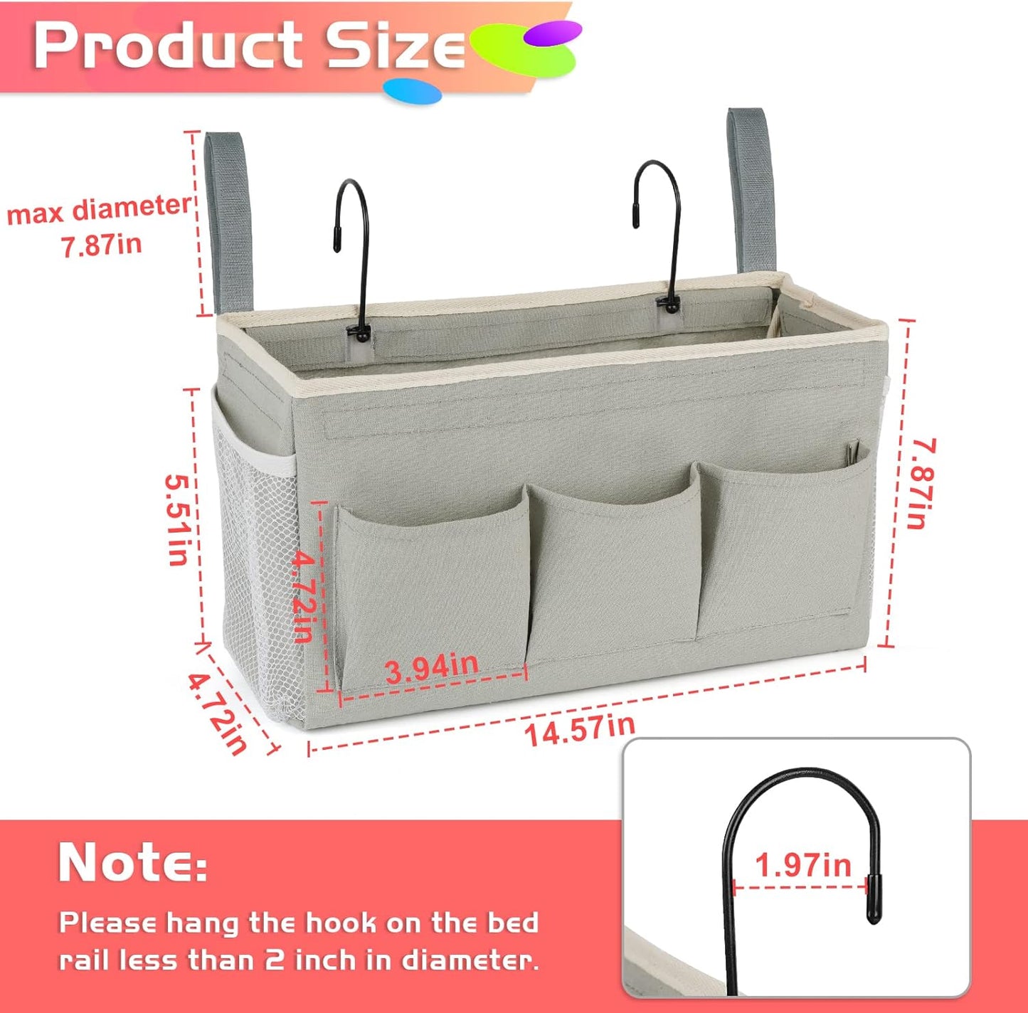 Loghot Bedside Caddy/Bedside Storage Bag Hanging Organizer for Bunk and Hospital Beds,Dorm Rooms Bed Rails,Can be Placed Glasses,Books,Mobile Phones,Keys (New Grey)