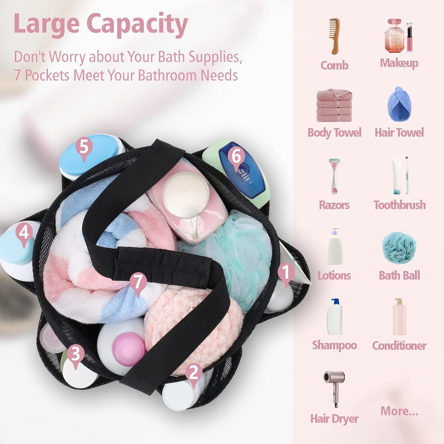 F-color Mesh Shower Caddy Portable, Large Capacity Shower Bag Basket Tote for College Dorm Room Toiletry Gym Rv Essentials, Bathroom Caddy Bag with S Hook, Black