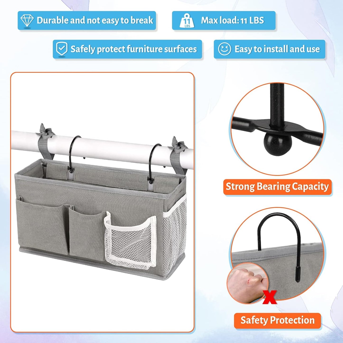 Loghot Bedside Caddy/Bedside Storage Bag Hanging Organizer for Bunk and Hospital Beds,Dorm Rooms Bed Rails,Can be Placed Glasses,Books,Mobile Phones,Keys (New Grey-1)