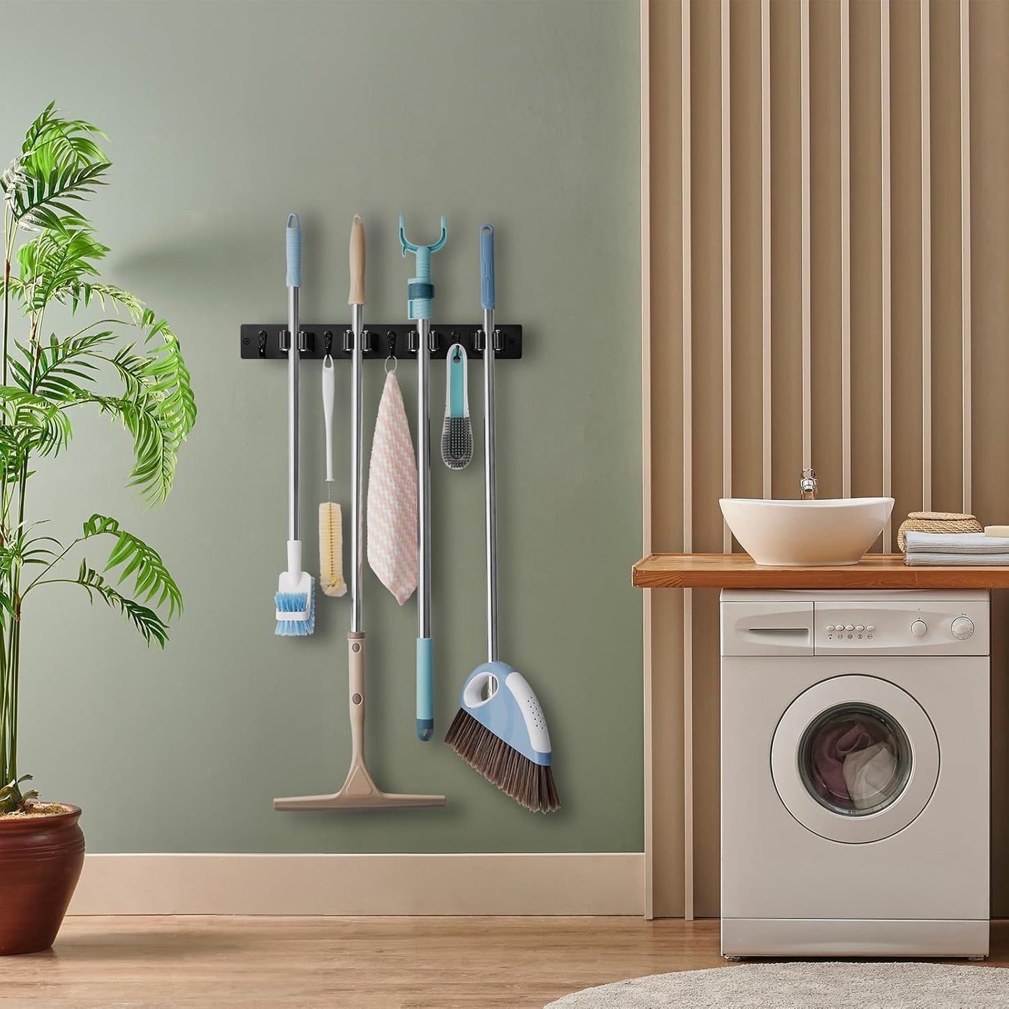 Black Mop Broom Holder Wall Mount with 4 Slots & 4 Hooks - Rustic Wood Broom Mop Hanger for Pantry Closet Laundry Room Organization - Heavy Duty Garden Tool Organizer - Black Kitchen Decor