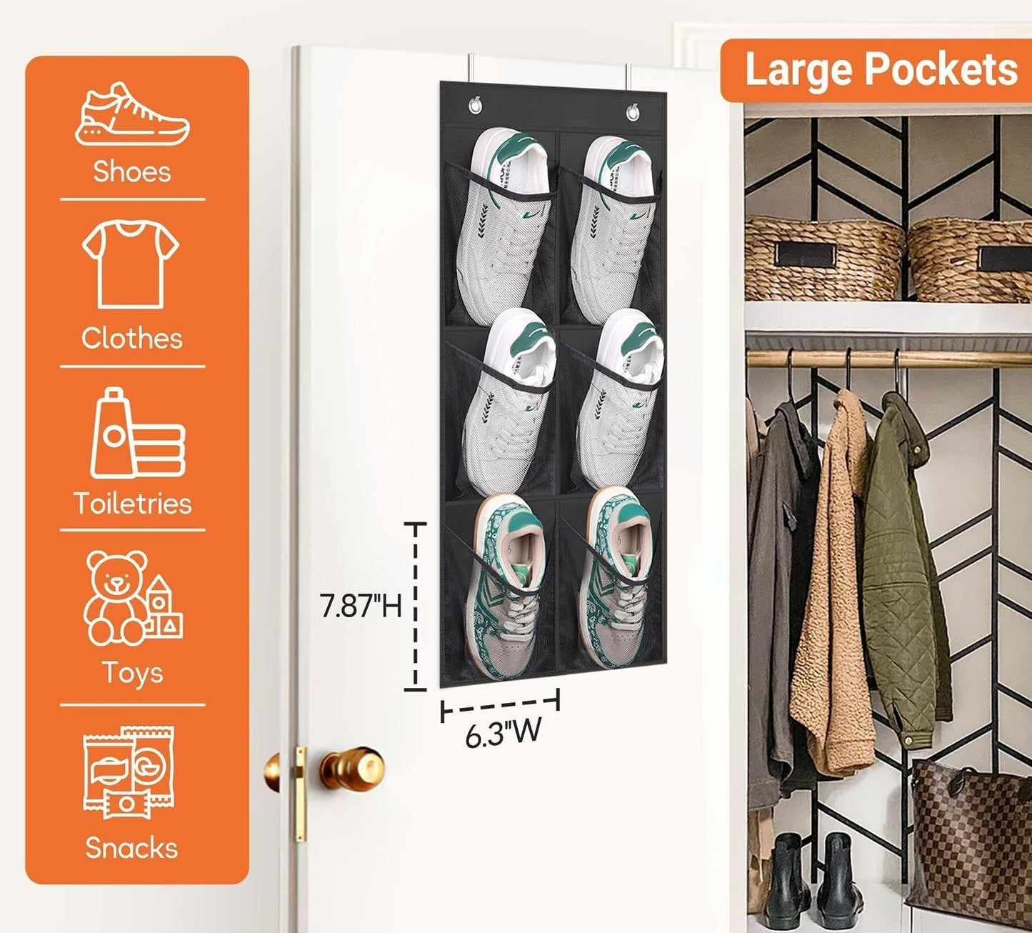 KIMBORA 2 Packs Narrow Over the Door/Wall Shoe Organizer, Small Hanging Shoe Rack for Closet with Clear Mesh Pocket for Bathroom, RV, Pantry, Camping (Black)