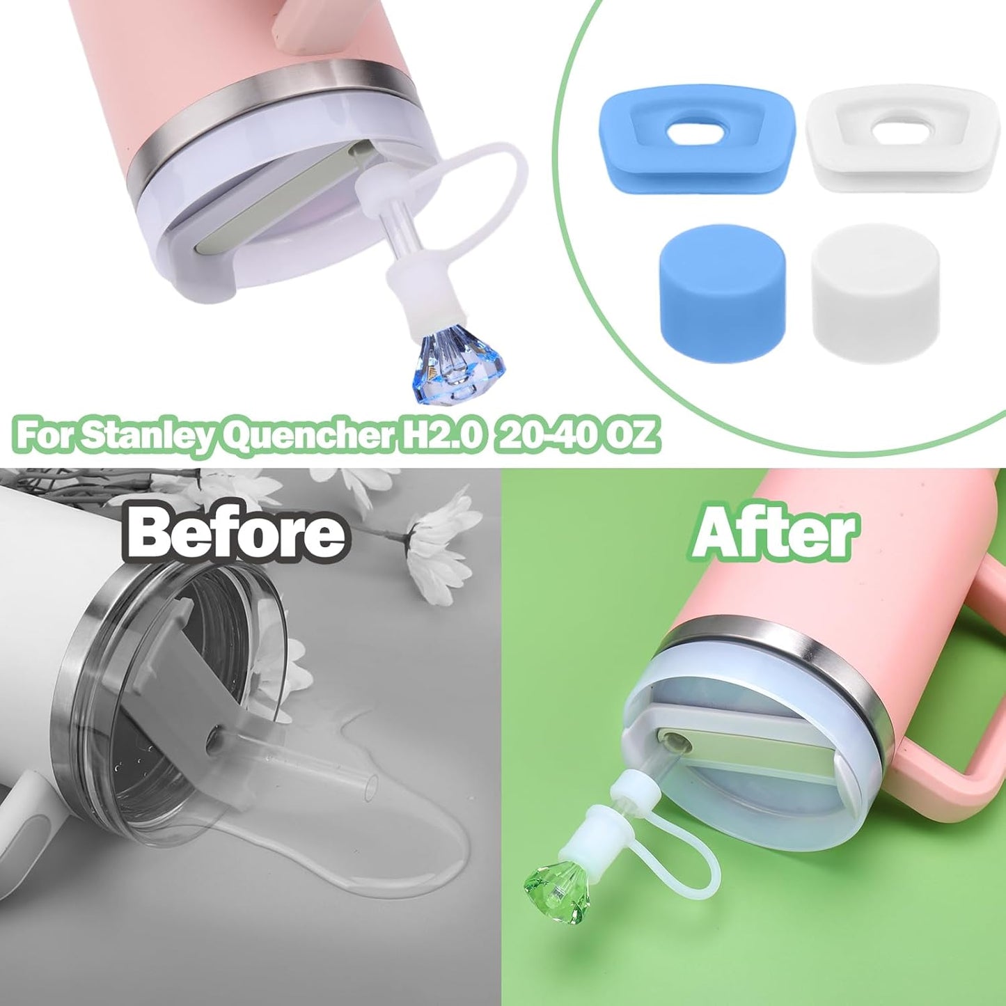 Mity rain Set for Stanley Cup Accessories, Including 2Pcs Straw Topper, 4Pcs Silicone Spill Proof Stopper, 2Pcs Protective Glitter Silicone Boot, Set for Stanley Cup 40/30 OZ (Blue+green)