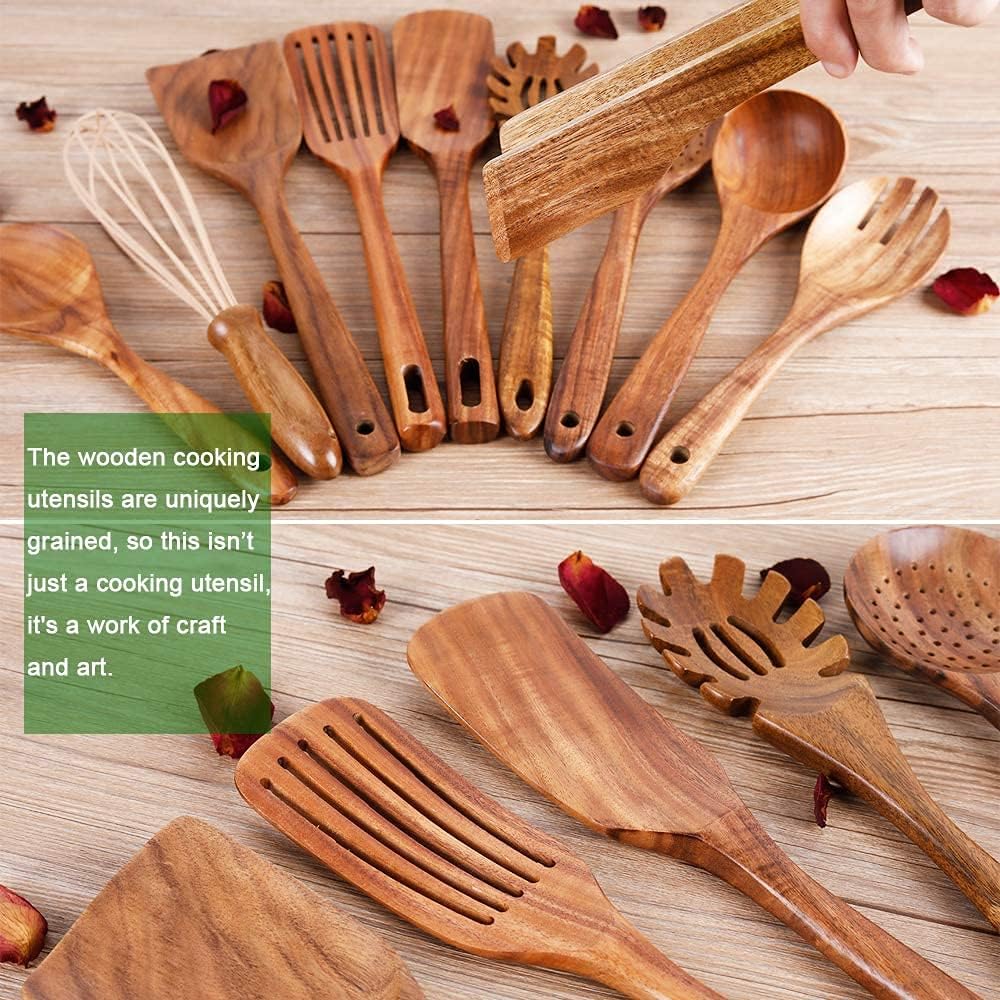 10 Pack Wooden Utensils for Cooking, Wood Utensil Set for Kitchen, Teak Wooden Spoon for Cooking, Non-Stick Spatula Ladle