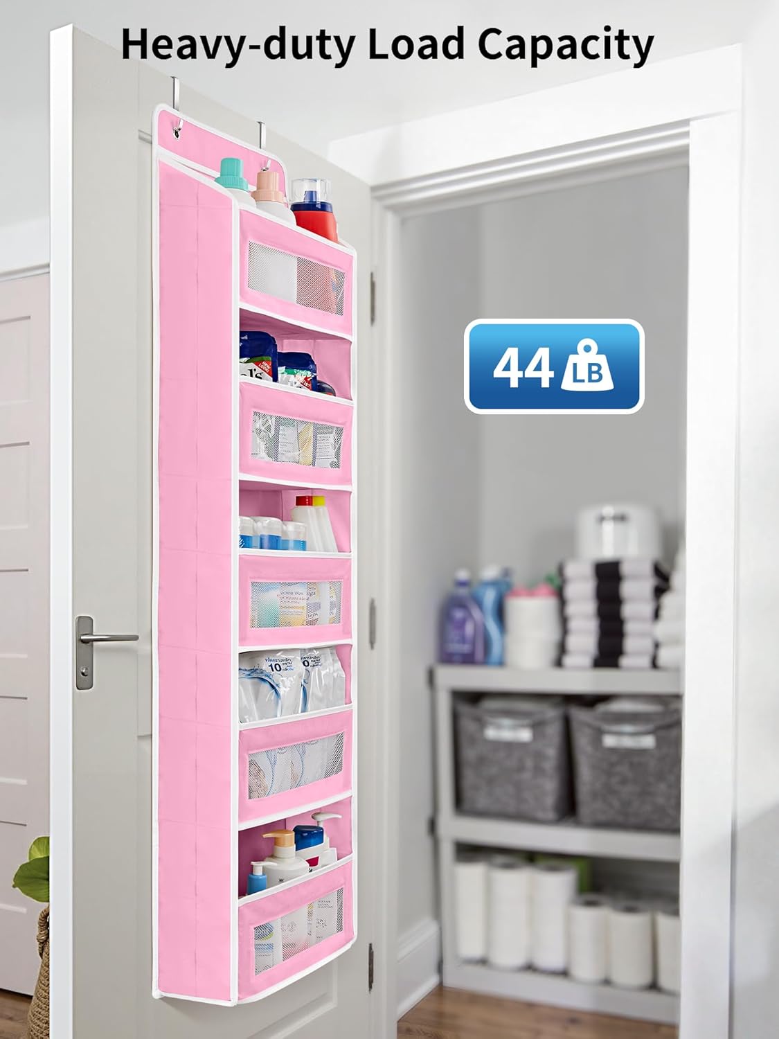 JARLINK 2 Pack Over The Door Organizer Storage, 5 Shelf Hanging Door Organizer with 5 Large Capacity Pockets, Anti Tilt 44 lb Load Behind Door Storage for Bedroom, Bathroom, Pantry, Nursery, (Pink)
