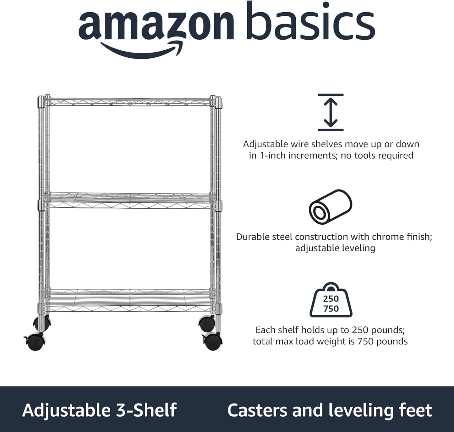 Amazon Basics 3-Shelf Adjustable, Heavy Duty Storage Shelving Unit on 2'' PP Plastic Wheel Casters, Metal Organizer Wire Rack, 23.2" L x 13.4" W x 32.75" H, Chrome