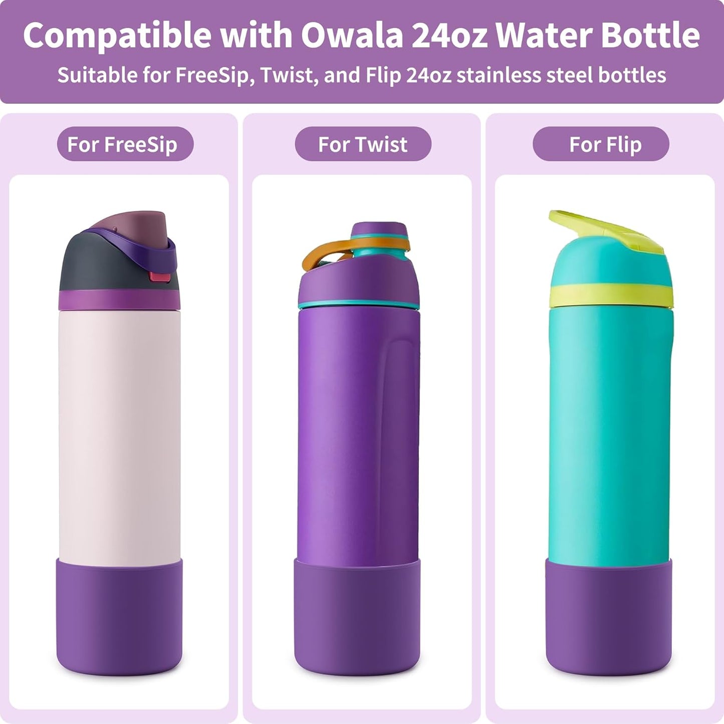 Silicone Water Bottle Boot for Owala 24 oz, Anti-Slip Protective Sleeve for Owala Twist & FreeSip & Flip Stainless Steel Water Bottle, Boot Bottom Base for Owala (Purple)